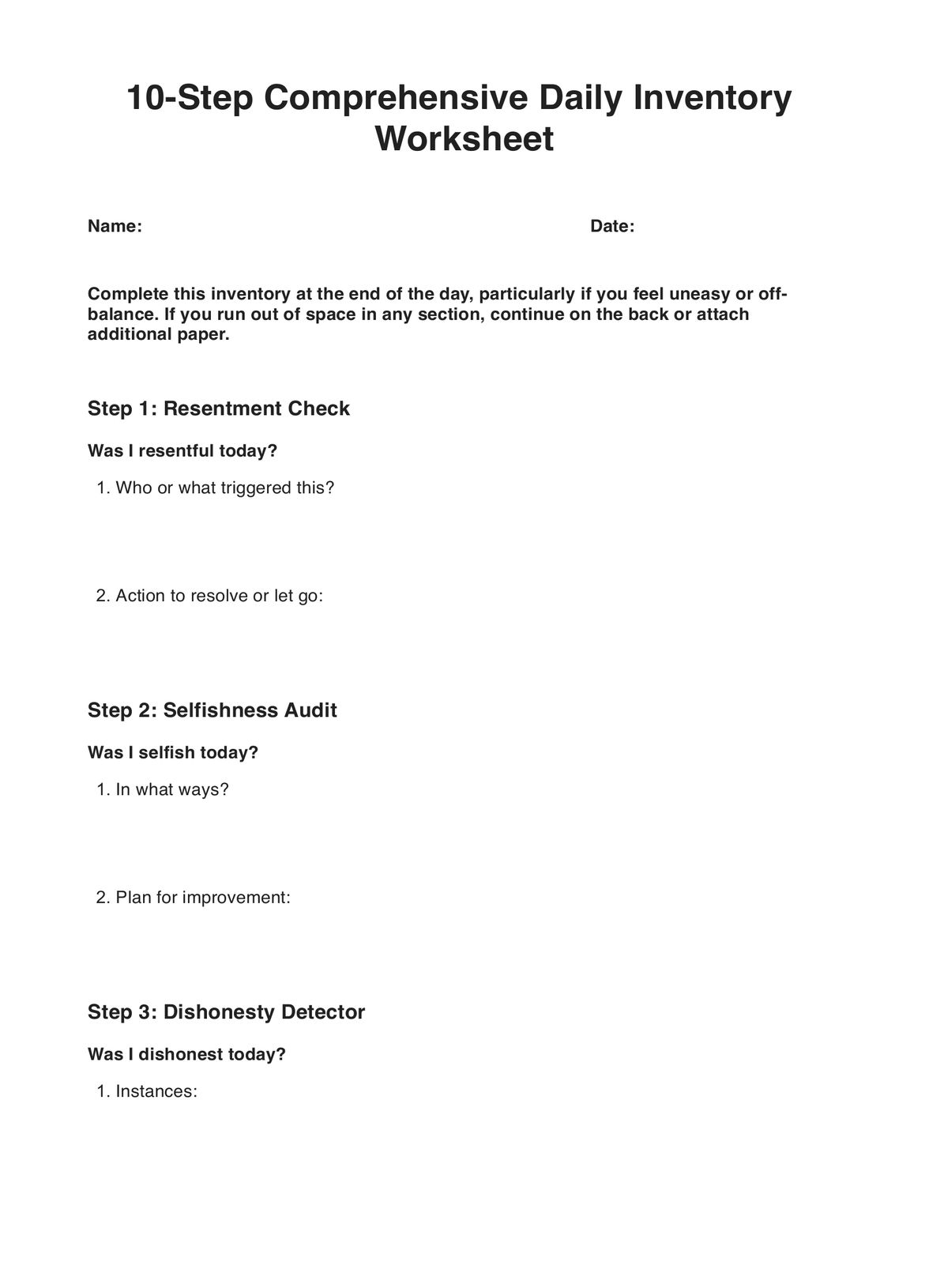 10 Step Inventory Worksheets 10 Step Inventory Worksheets