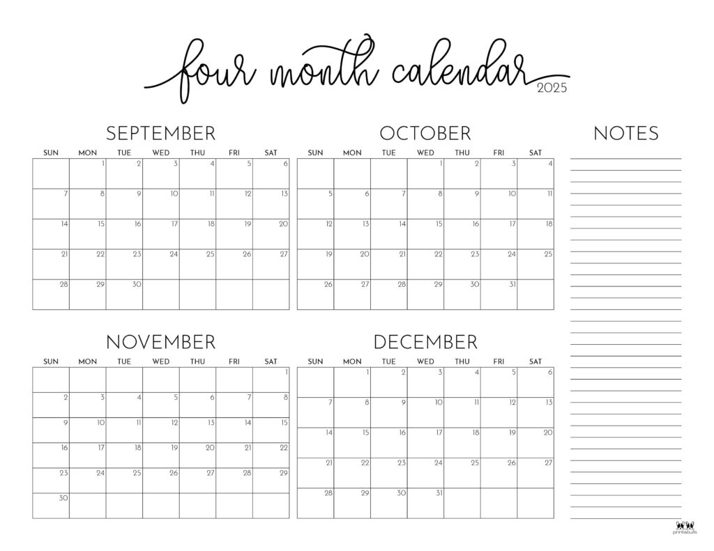 2025 Four Month Calendars 31 FREE Printables Printabulls