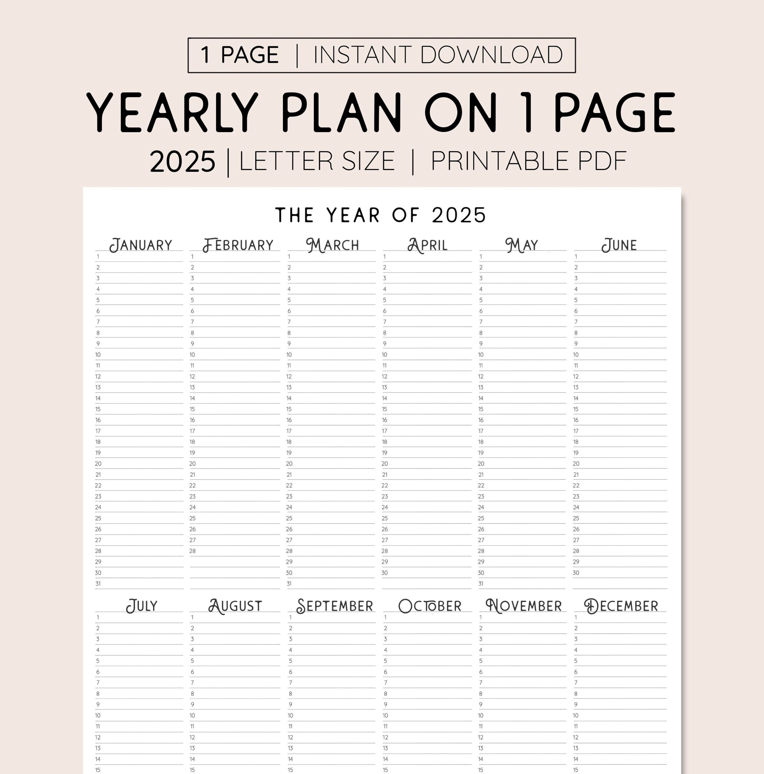2025 Year At A Glance INSTANT DOWNLOAD Yearly Overview Printable Calendar 2025 Yearly Planner Annual Overview Etsy
