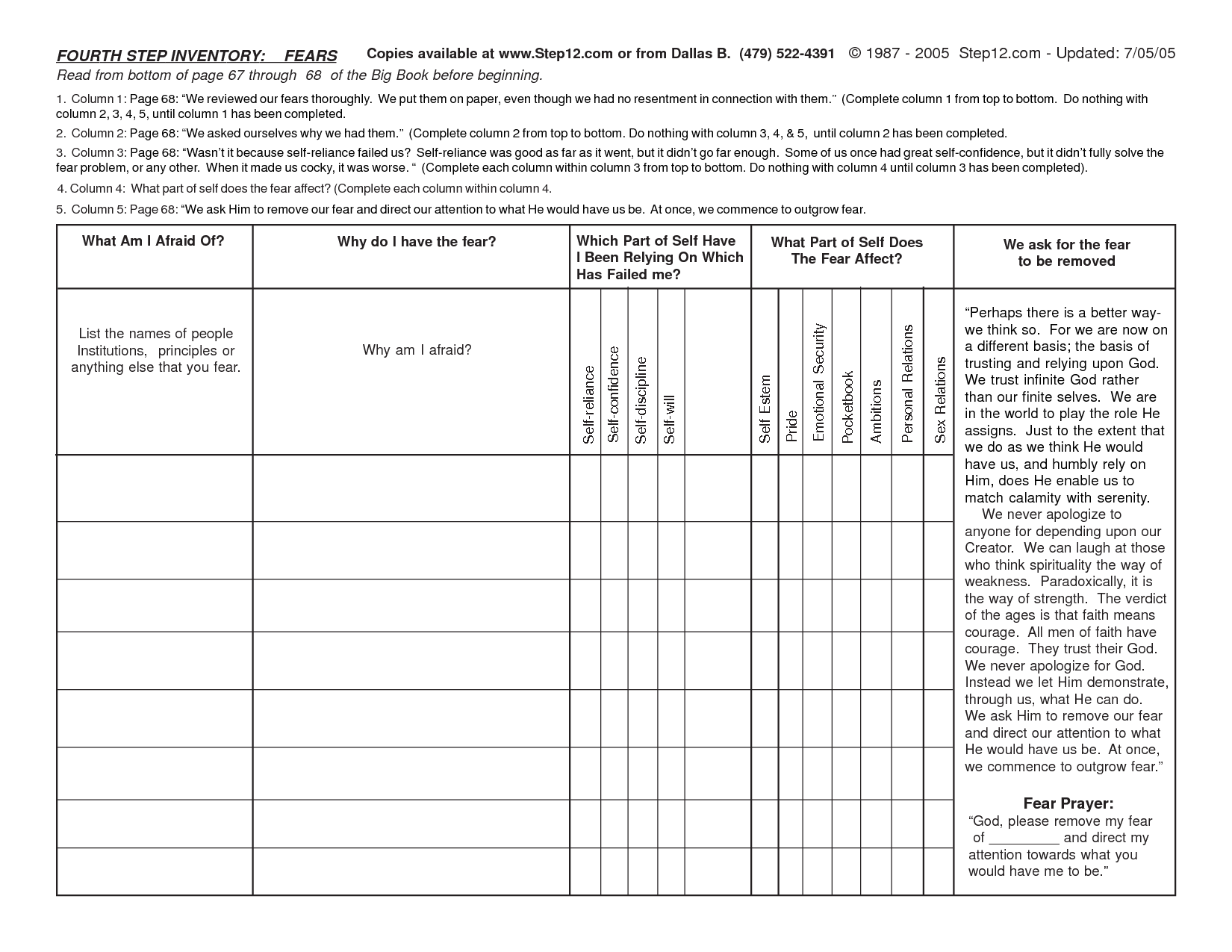 printable a.a. 4th step worksheets pdf