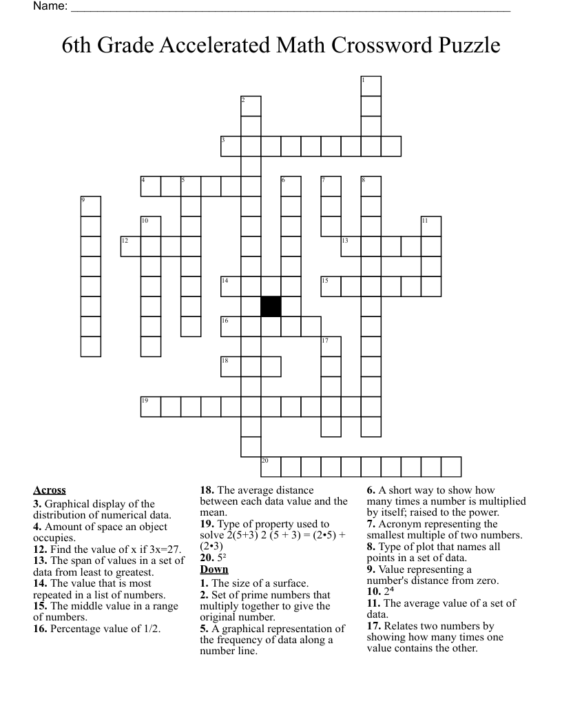 6th Grade Accelerated Math Crossword Puzzle WordMint