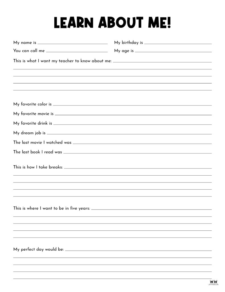 All About Me Printable Worksheets 50 FREE Printables Printabulls