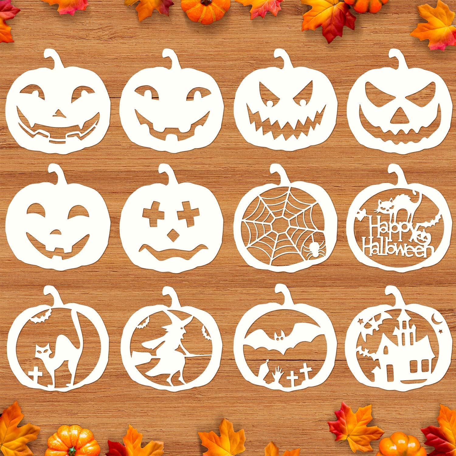 Amazon Mocoosy 12 PCS Halloween Stencils 8 Inch Pumpkin Face Stencils For Carving Reusable Plastic Large Halloween Templates For Painting On Wood DIY Pumpkin Crafts Wall Fabrics Window Hallowmas Art Decor 