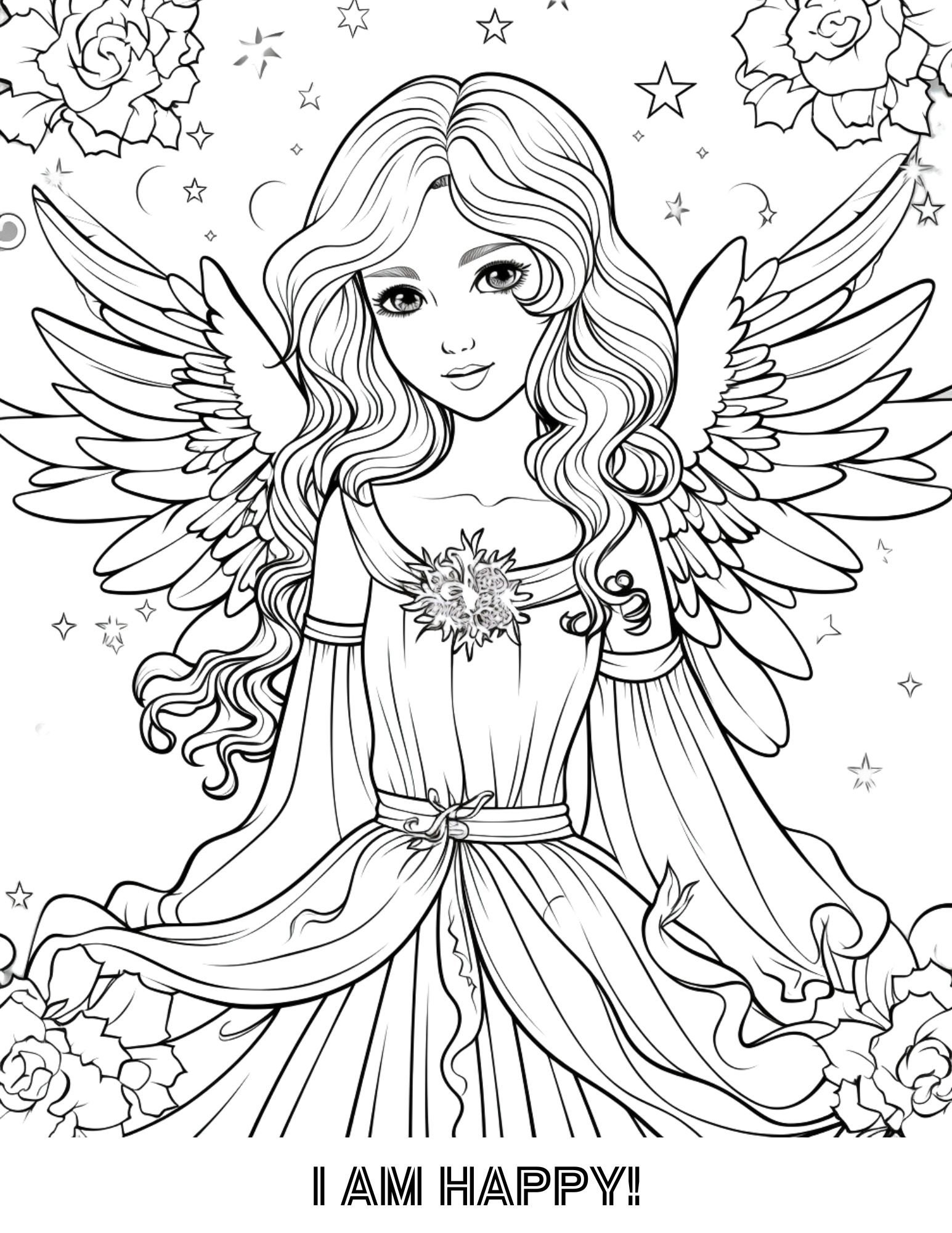 Angel Single Coloring Page Angels Coloring Pages Adult Coloring Teens Kids Coloring Holiday Gift Christmas Stocking Stuffer Happy Etsy