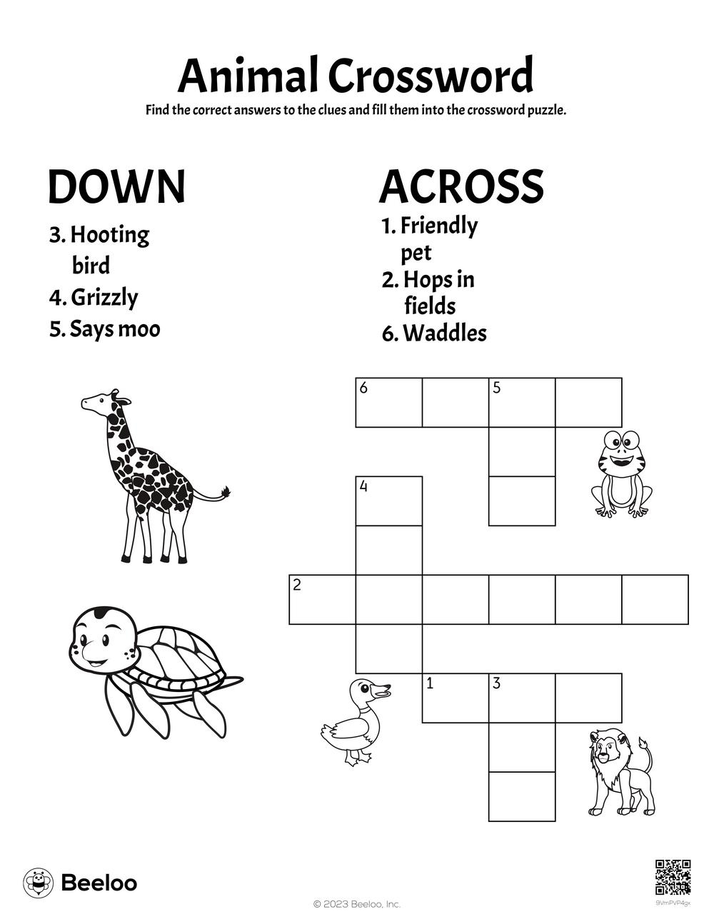 animal crossword puzzle printable