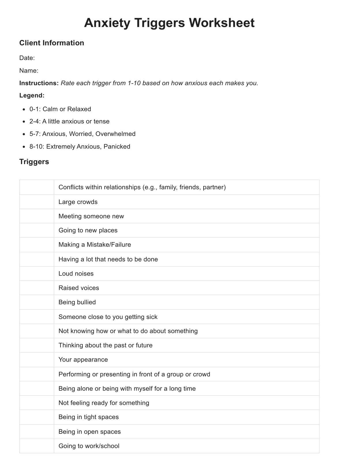 Anxiety Triggers Worksheet
