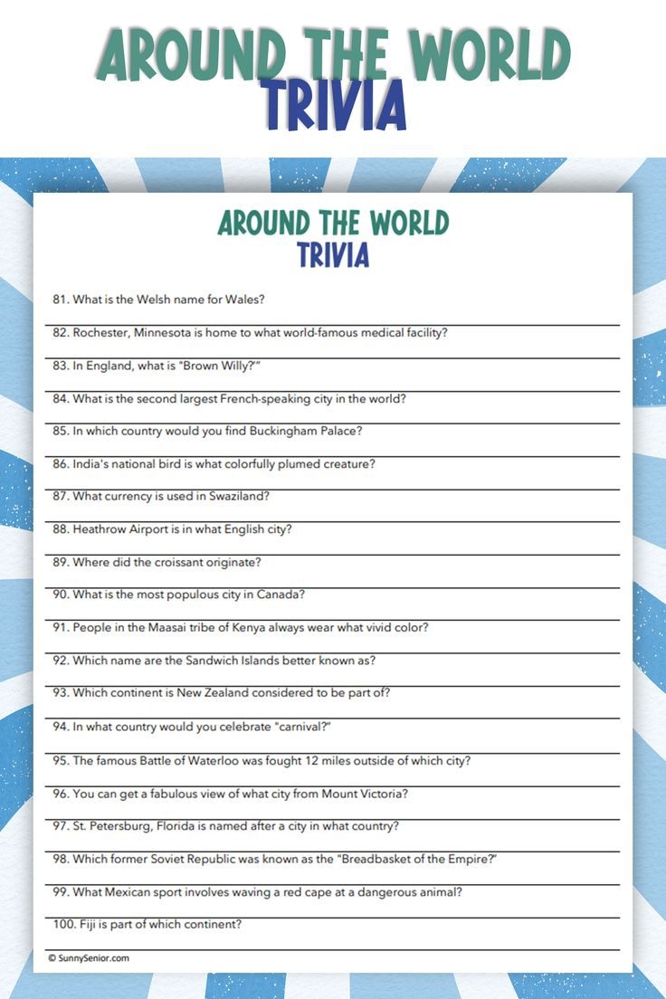 Around The World Trivia For Seniors Elderly Adults Students Family Party Trivia