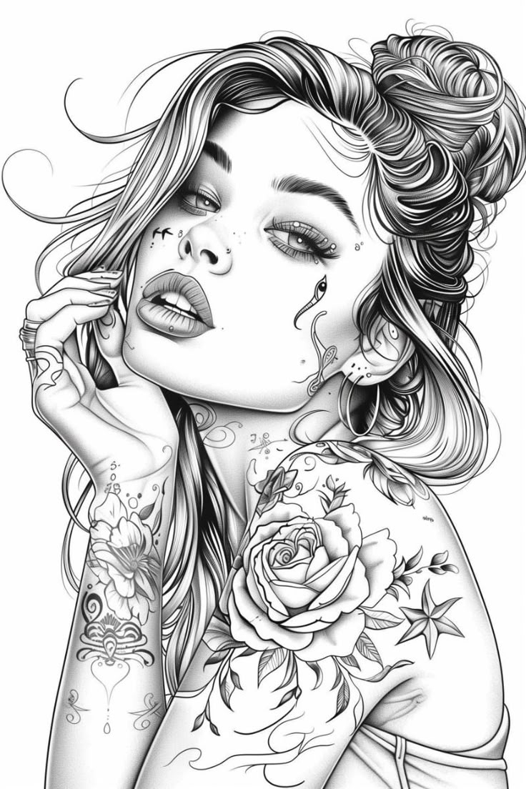 Beautiful Woman With Tattoo Coloring Page Artistic Elegance Free Printable 