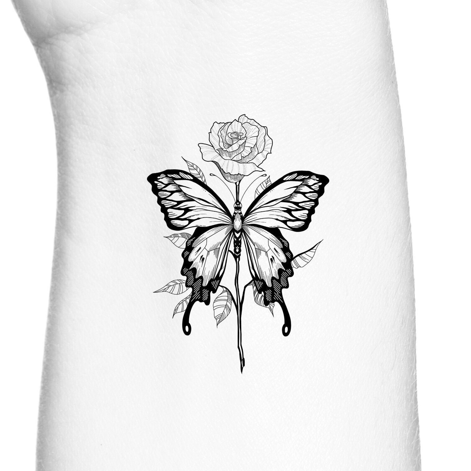 Butterfly Rose With Stem Outline Temporary Tattoo Insect Tattoo Etsy Israel