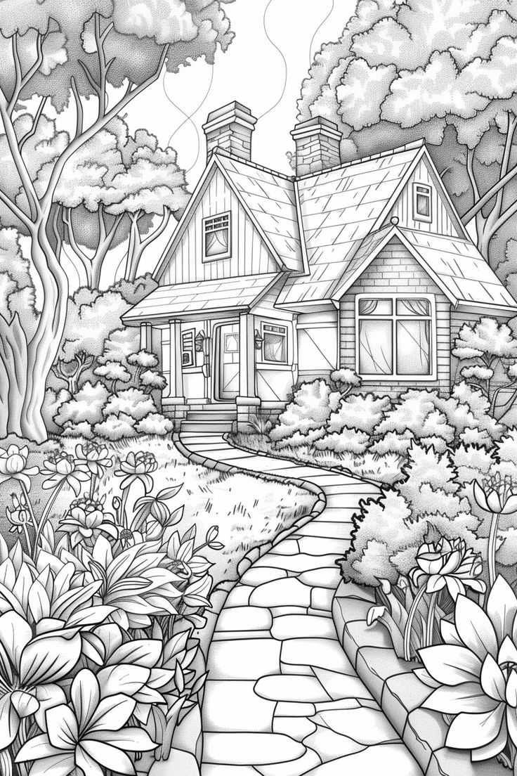 Color Your Dream Home Free Grey Scale House Garden Coloring Page For Adults Kids