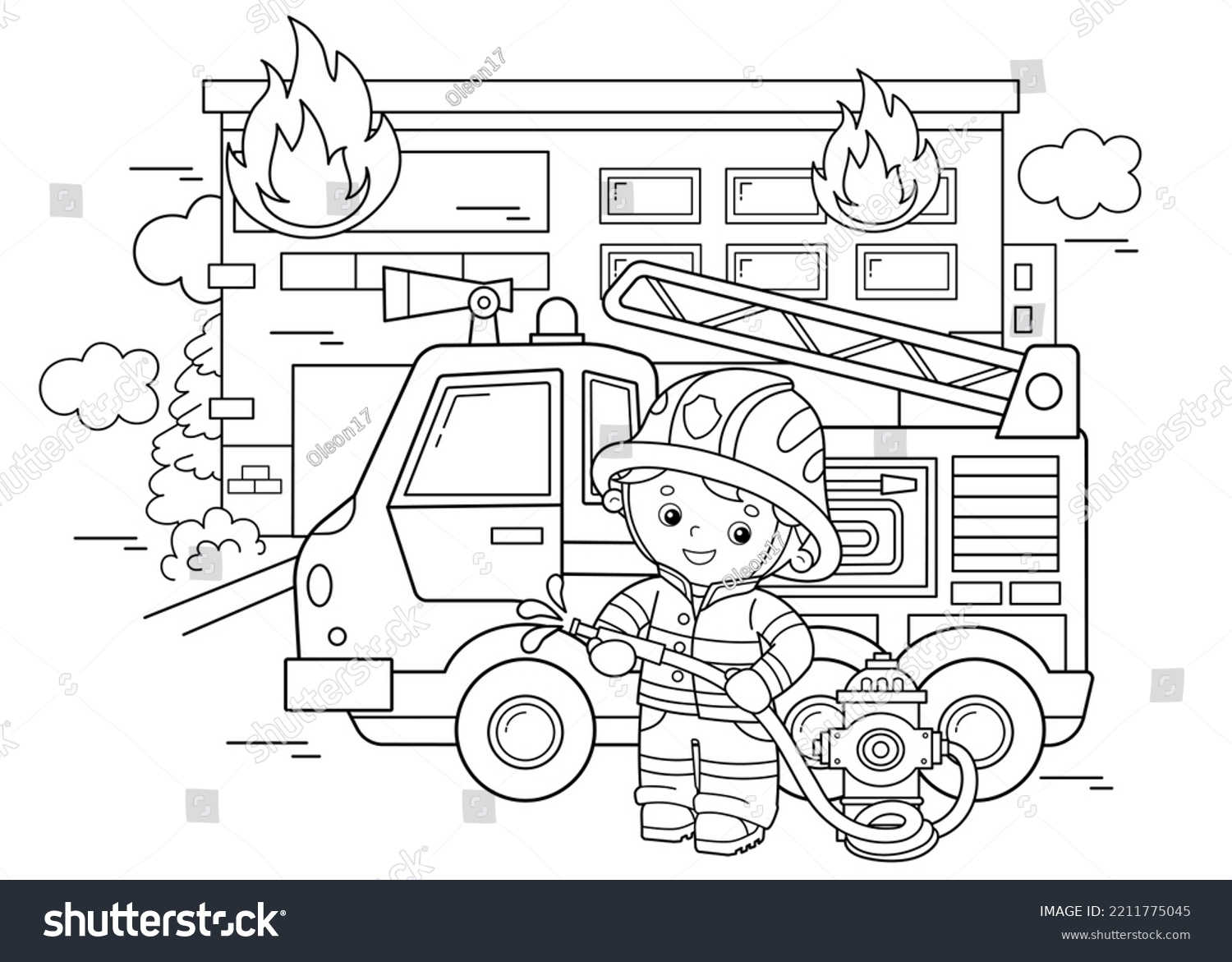 Coloring Page Outline Cartoon Fire Truck Stock Vector Royalty Free 2211775045 Shutterstock