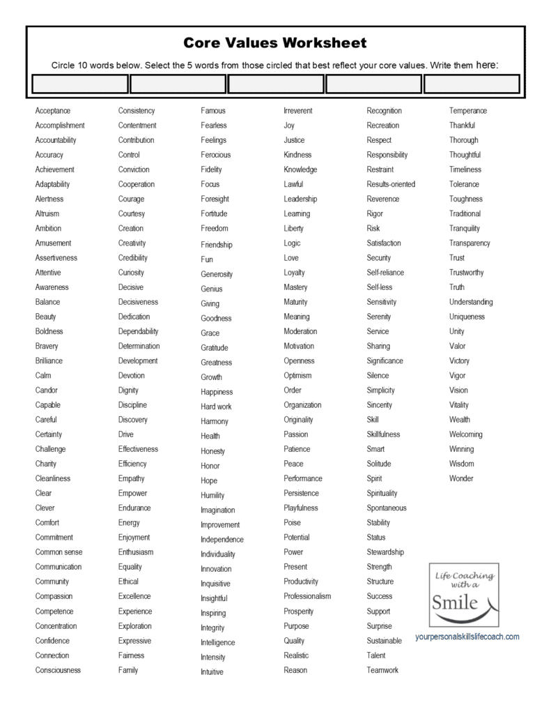 Core Values Worksheet Including 221 Wonderful Core Value Words Life Coaching With A Smile Core Values Worksheet Including 221 Wonderful Core Value Words Life Coaching With A Smile