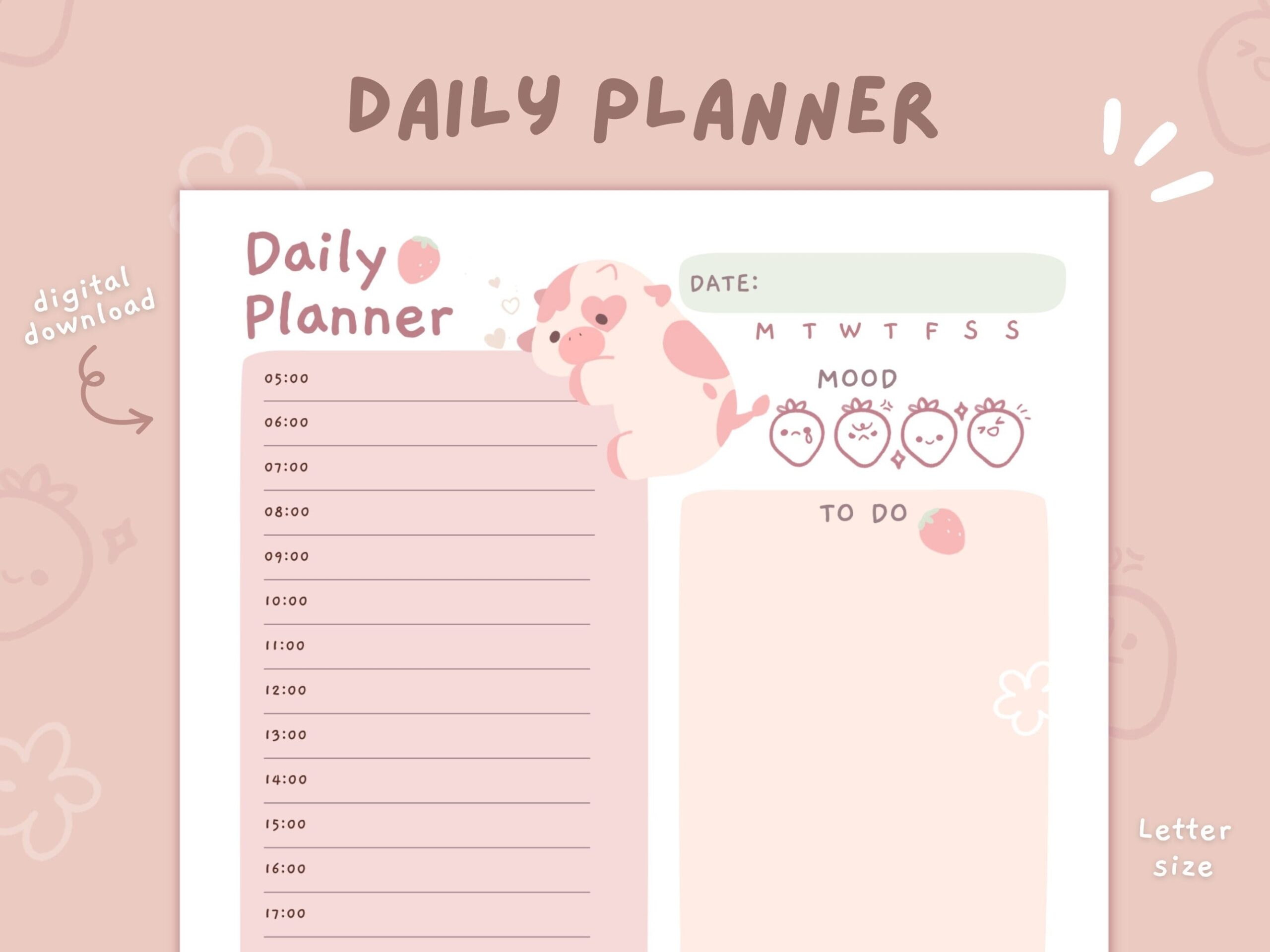 Cute Hourly Daily Planner Printable Stationery Instant Download A4 letter Size Etsy