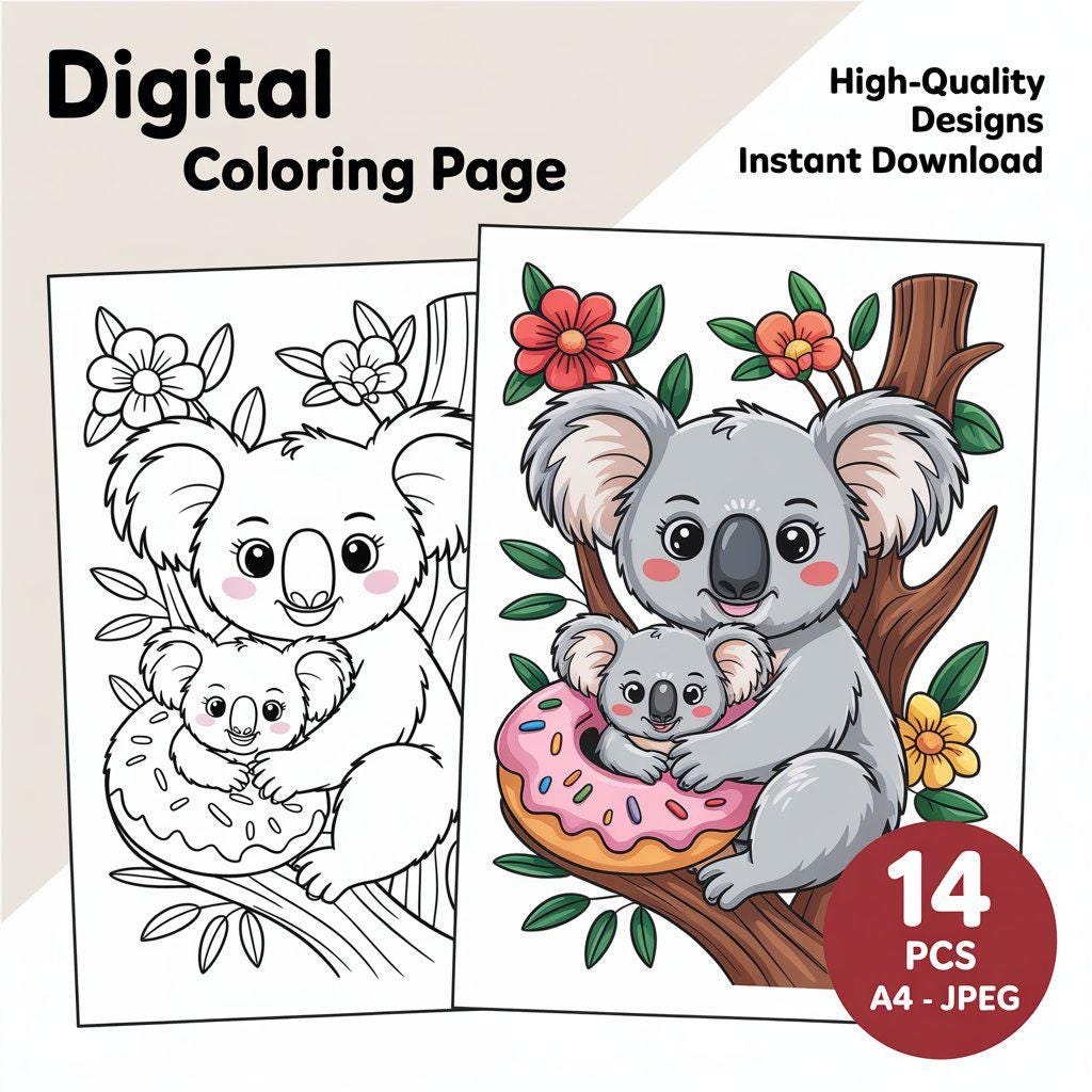Cute Koala Coloring Page Printable Adorable Koala Art For Kids And Adults Wildlife And Baby Animal Coloring Instant Download Etsy