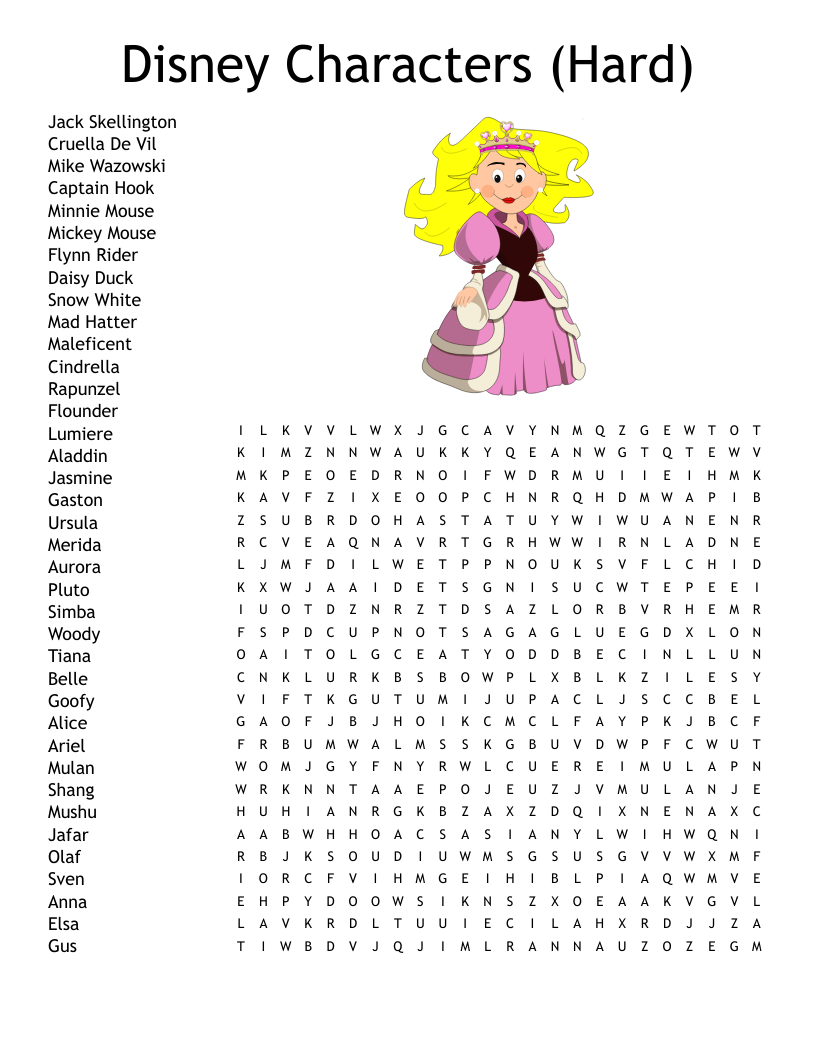 Disney Characters Hard Word Search WordMint Disney Characters Hard Word Search WordMint