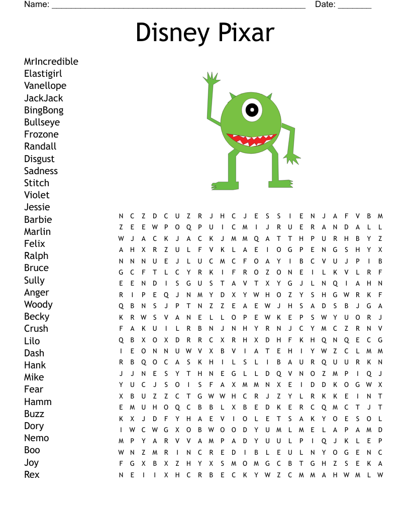 Disney Pixar Word Search WordMint Disney Pixar Word Search WordMint