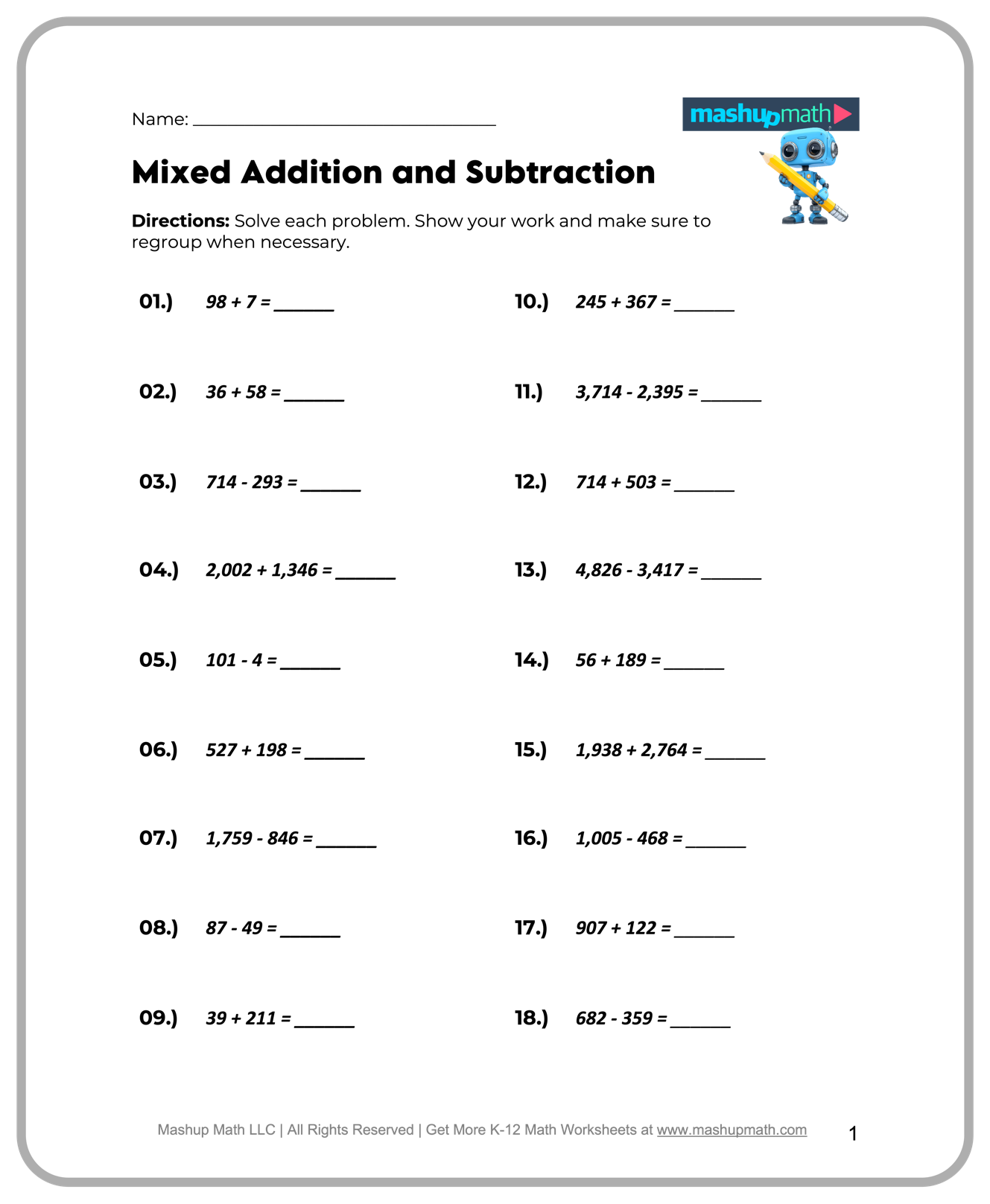 Free 4th Grade Math Worksheets Printable Mashup Math