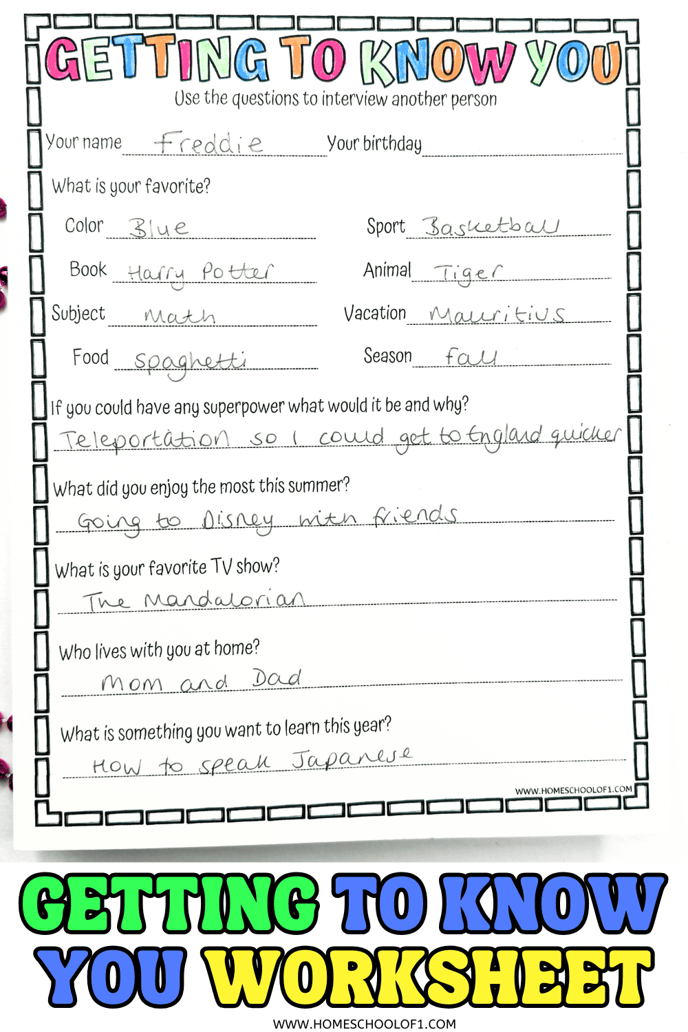 Free Getting To Know You Worksheet For The First Day Of School