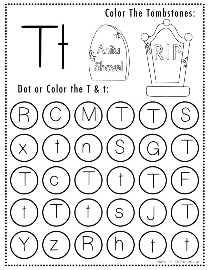 Free Printable Halloween Themed Letter T Dot Marker Activity Worksheets Sly Spoon