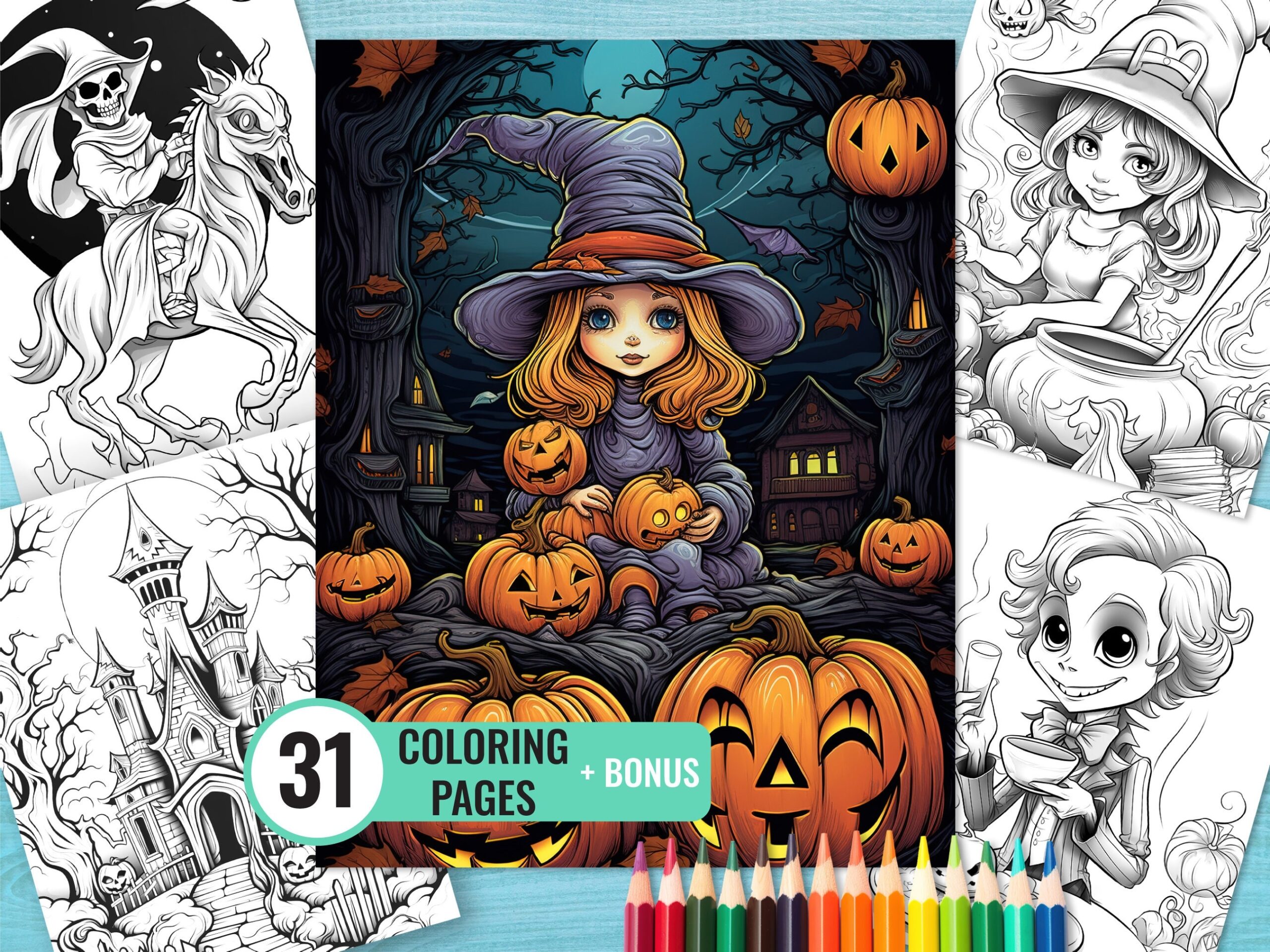 Halloween Coloring Pages 31 Printable Spooky Pages For Kids And Adults Witch Grayscale Coloring Book Instant Download Etsy