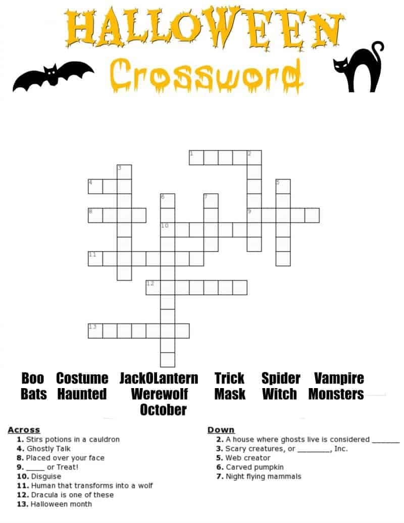 Halloween Crossword Printable With Or Without Word Bank Halloween Crossword Printable With Or Without Word Bank