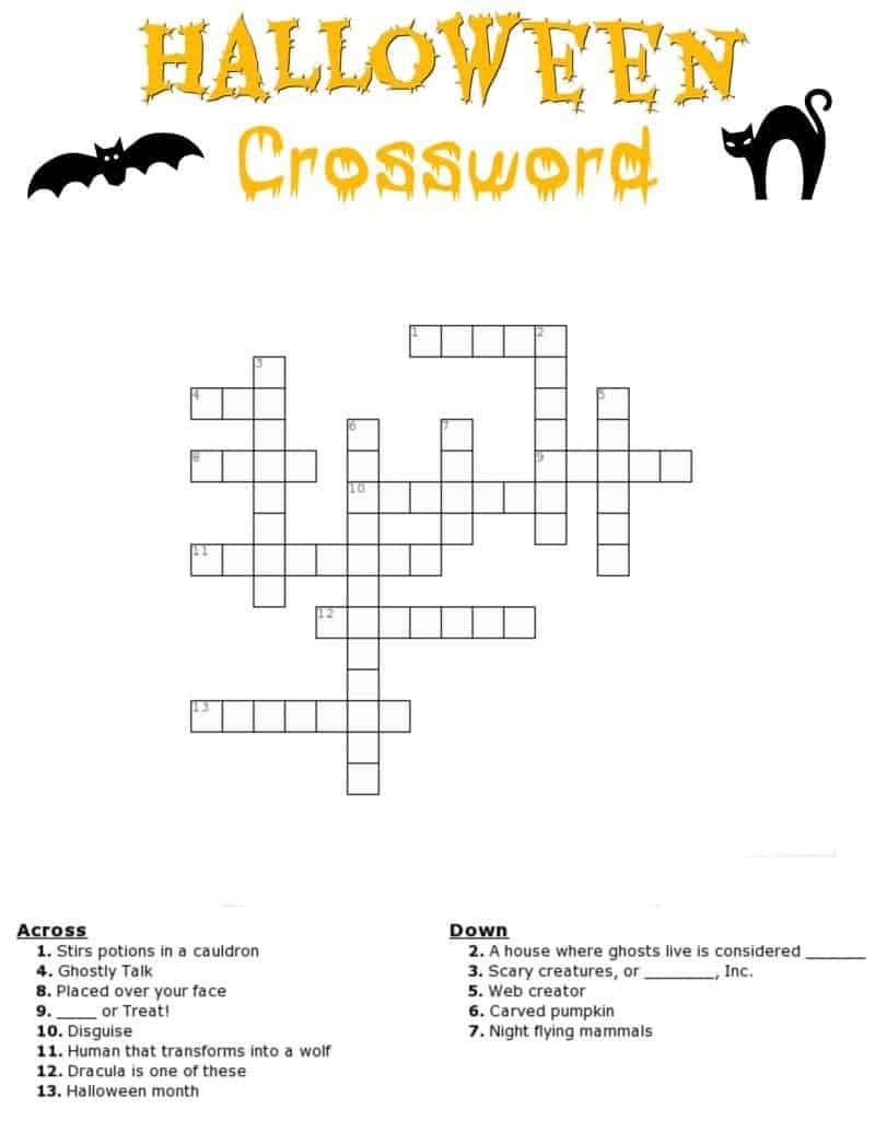 Halloween Crossword Printable With Or Without Word Bank Halloween Crossword Printable With Or Without Word Bank