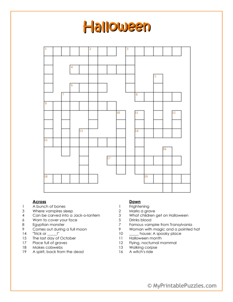 Halloween Crossword Puzzle Intermediate My Printable Puzzles Halloween Crossword Puzzle Intermediate My Printable Puzzles