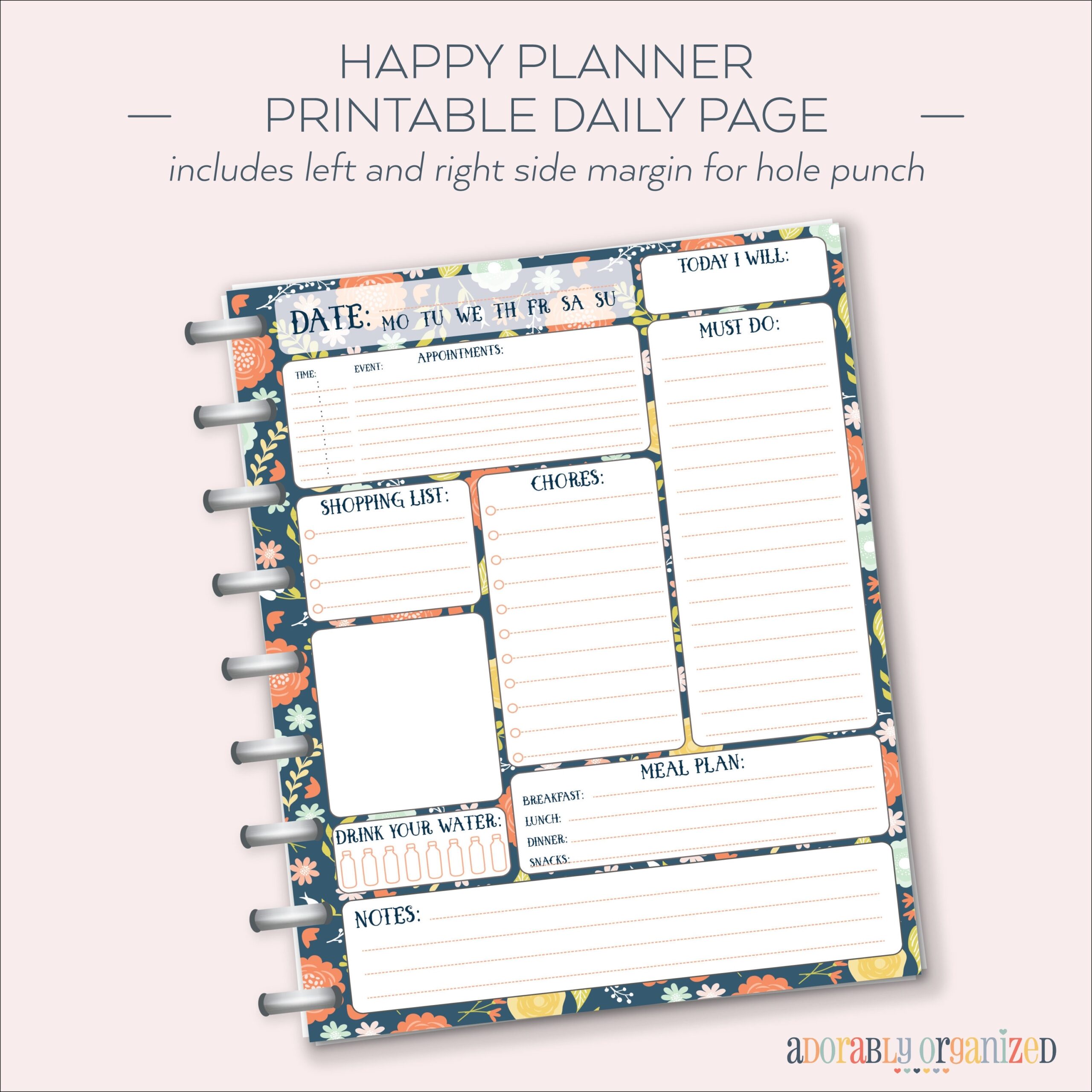 HAPPY PLANNER PRINTABLE Daily Planner Refills Inserts 7 X 9 25 Navy Blooms Create 365 Me My Big Ideas Mambi Daily dashboard Etsy