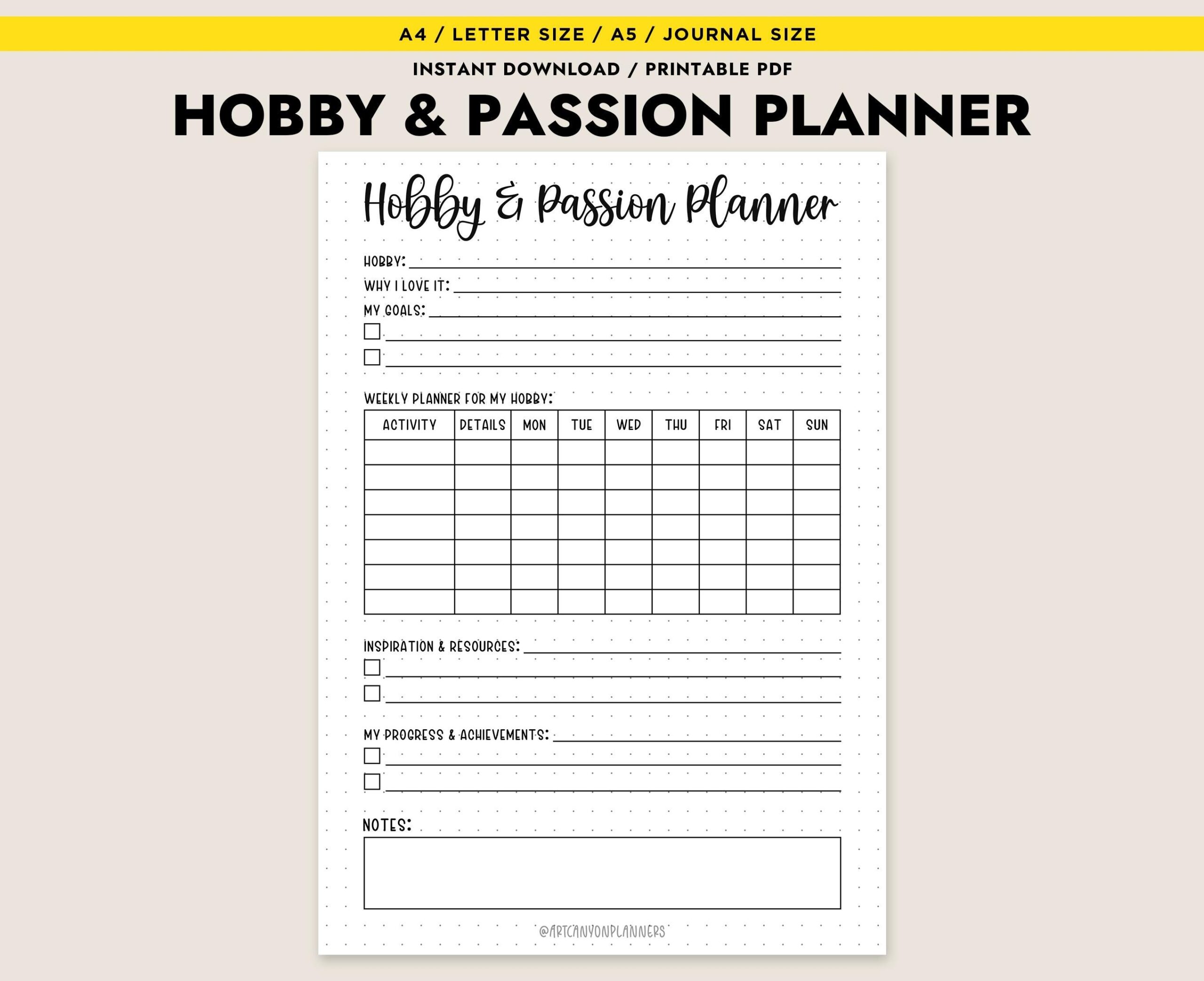 Hobby Passion Planner Printable Log Weekly Tracker A4 A5 Letter PDF Instant Download Goals Page Etsy