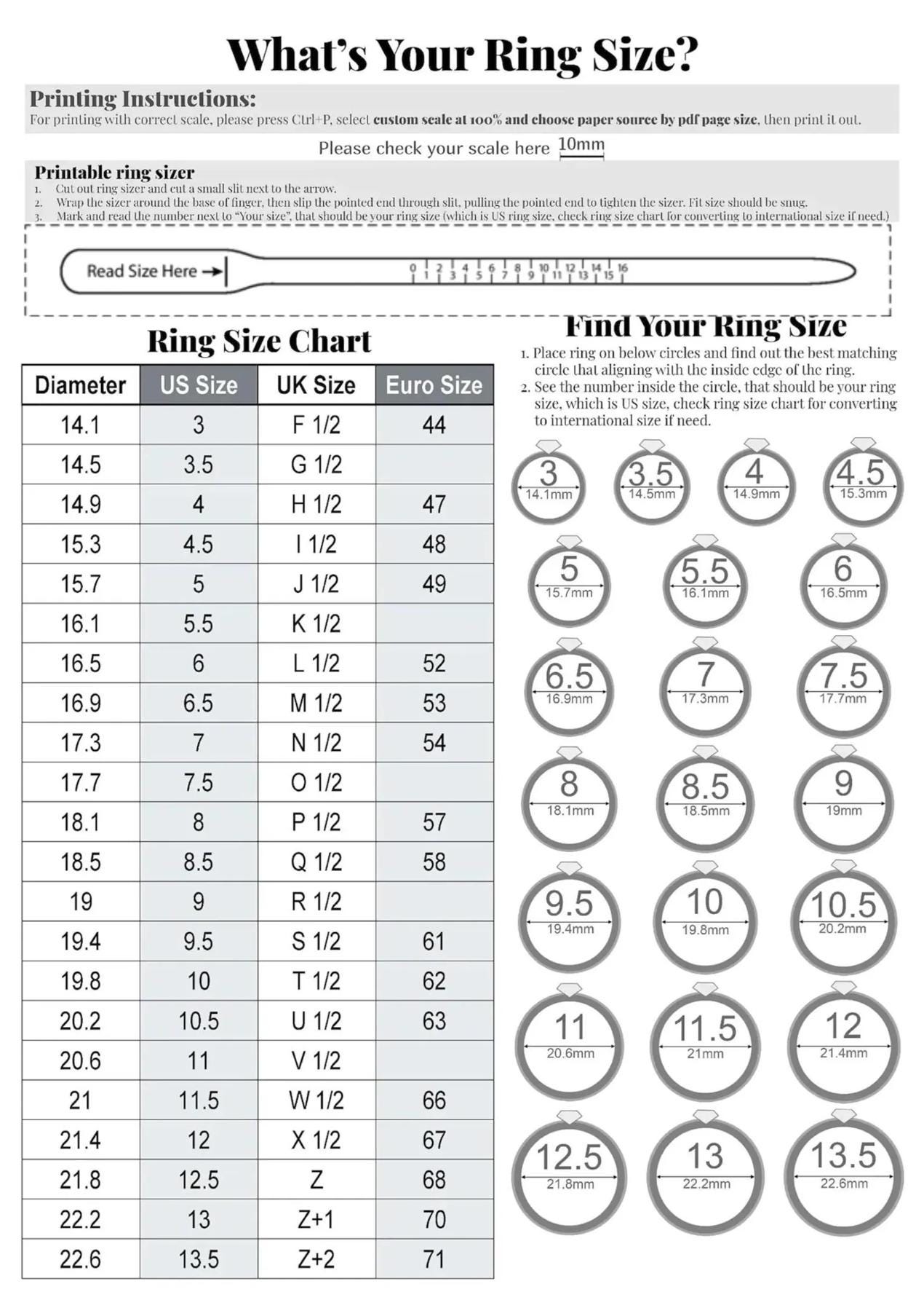 International Ring Size Chart Ring Size Finder Printable Diamond Ring Sizer Ring Size Measure Ring Sizer Tool Instant Easy Download Etsy