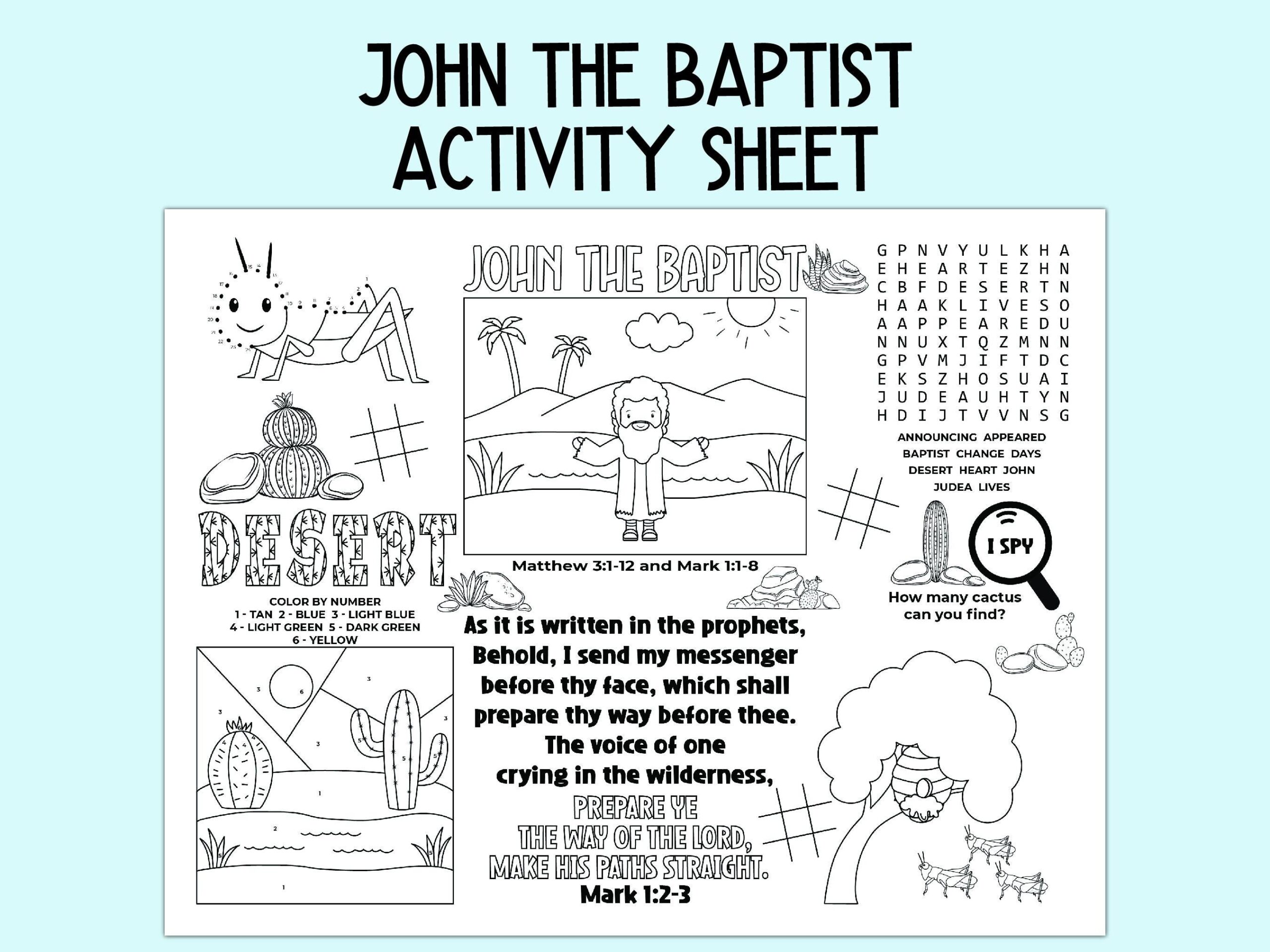 John The Baptist Activity Sheet Children s Church Activity Bible Activity Placemat For Sunday School Bible Class And Homeschool Etsy