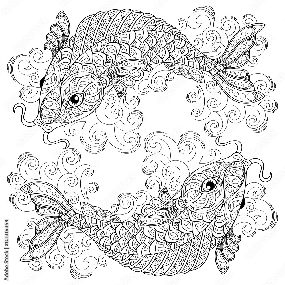 Koi Fish Chinese Carps Adult Antistress Coloring Page Black And White Hand Drawn Doodle For Coloring Book Stock Vector Adobe Stock