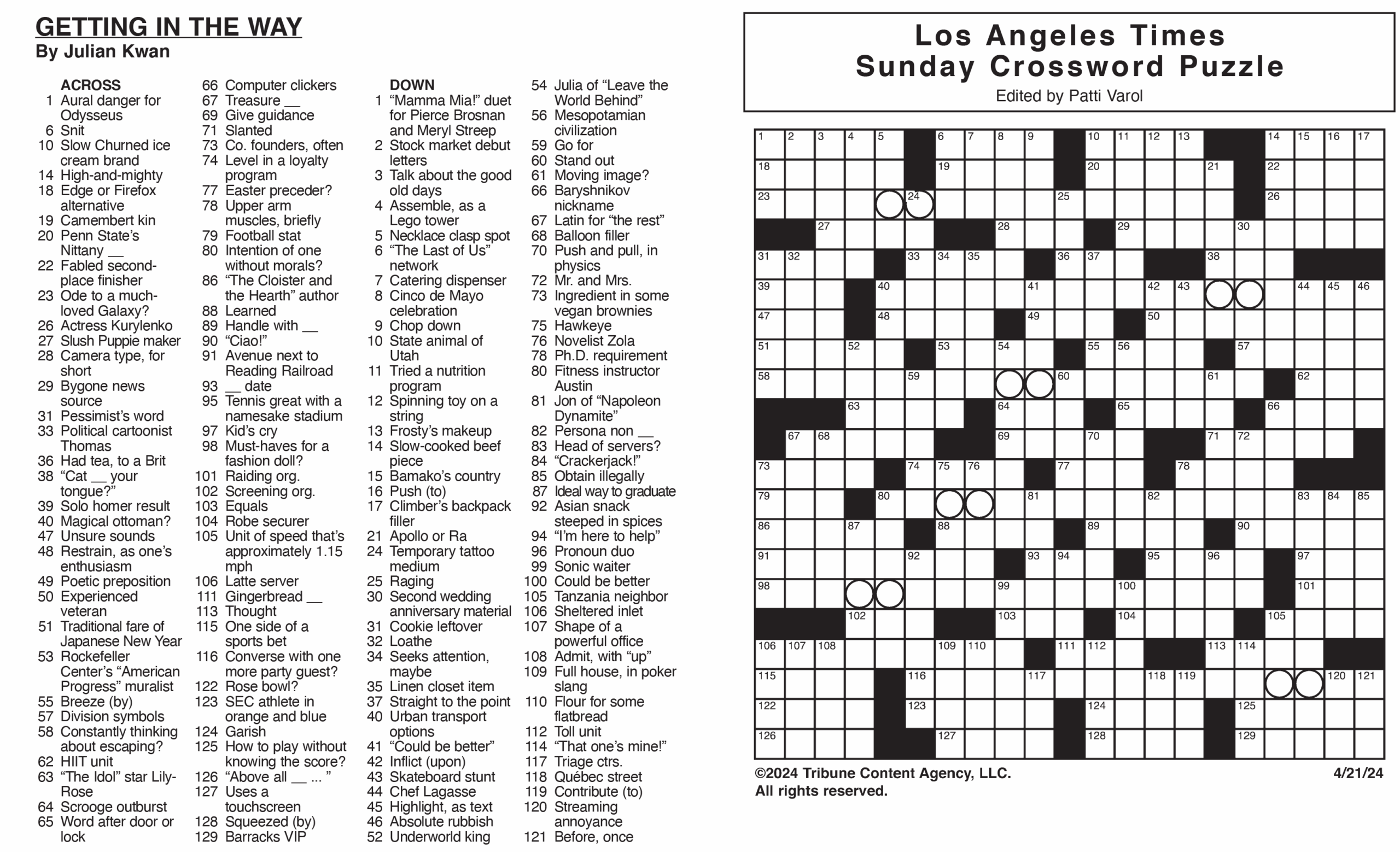 Los Angeles Times Sunday Crossword Puzzle Tribune Content Agency Los Angeles Times Sunday Crossword Puzzle Tribune Content Agency