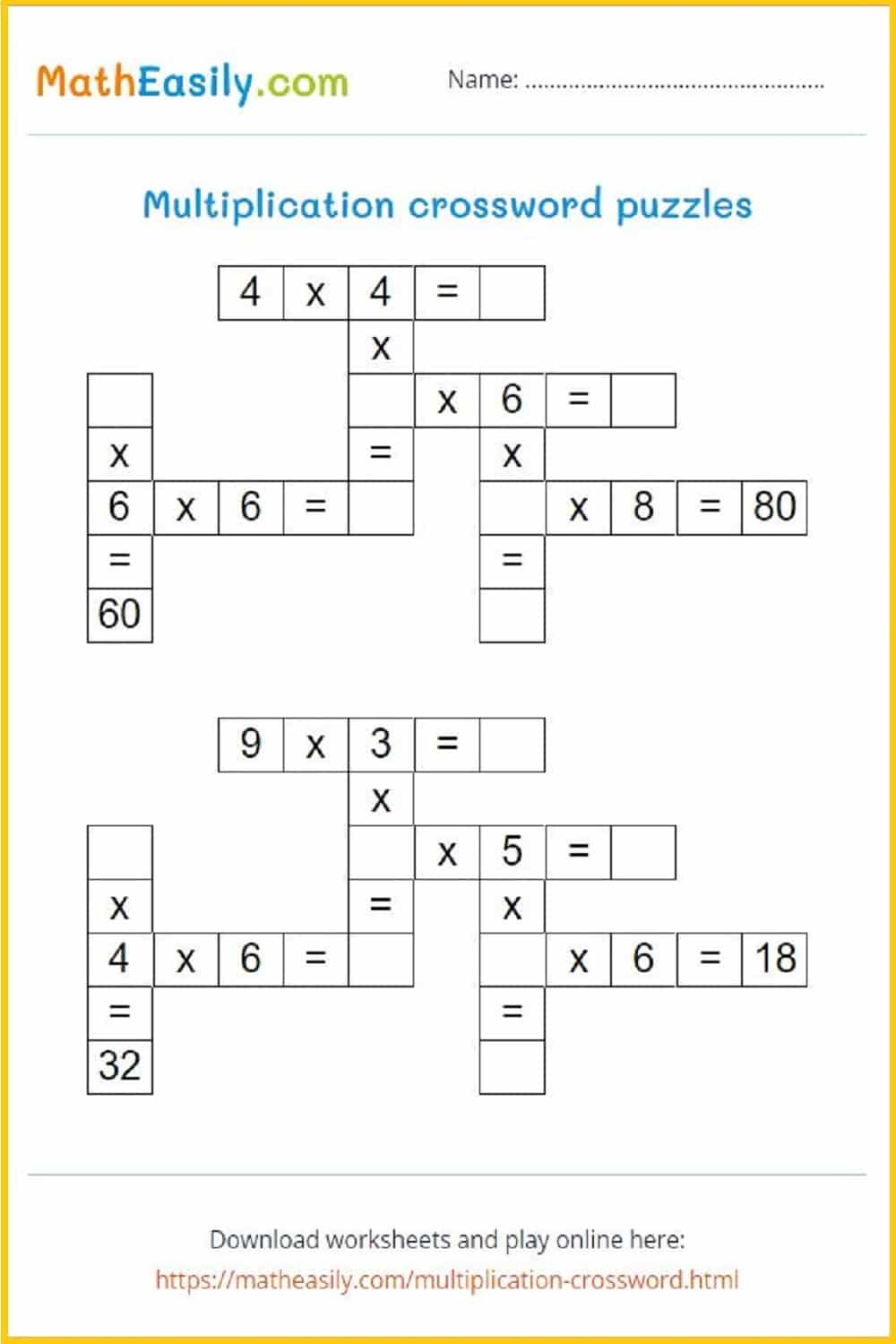 Math Crosswords ONLINE Printable