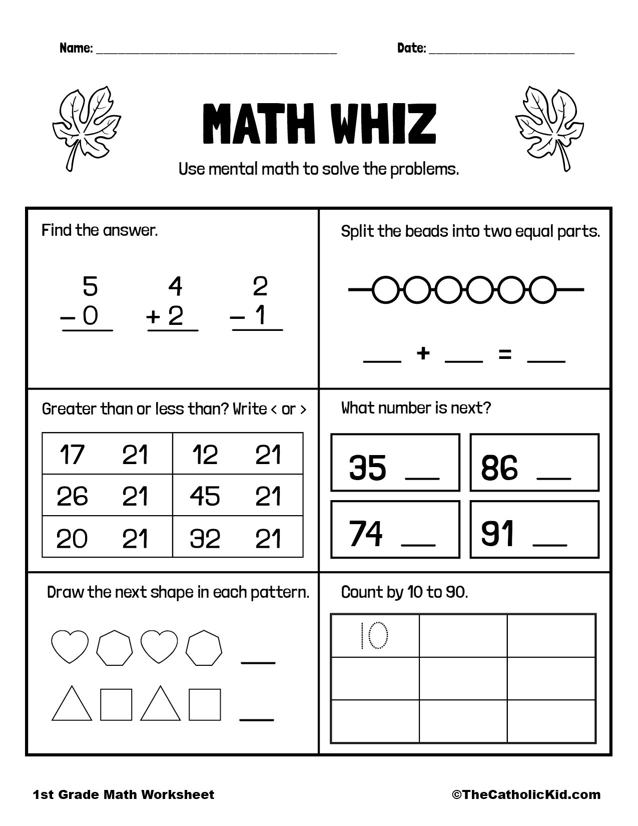 Math Review Page 1st Grade Math Worksheet Catholic TheCatholicKid
