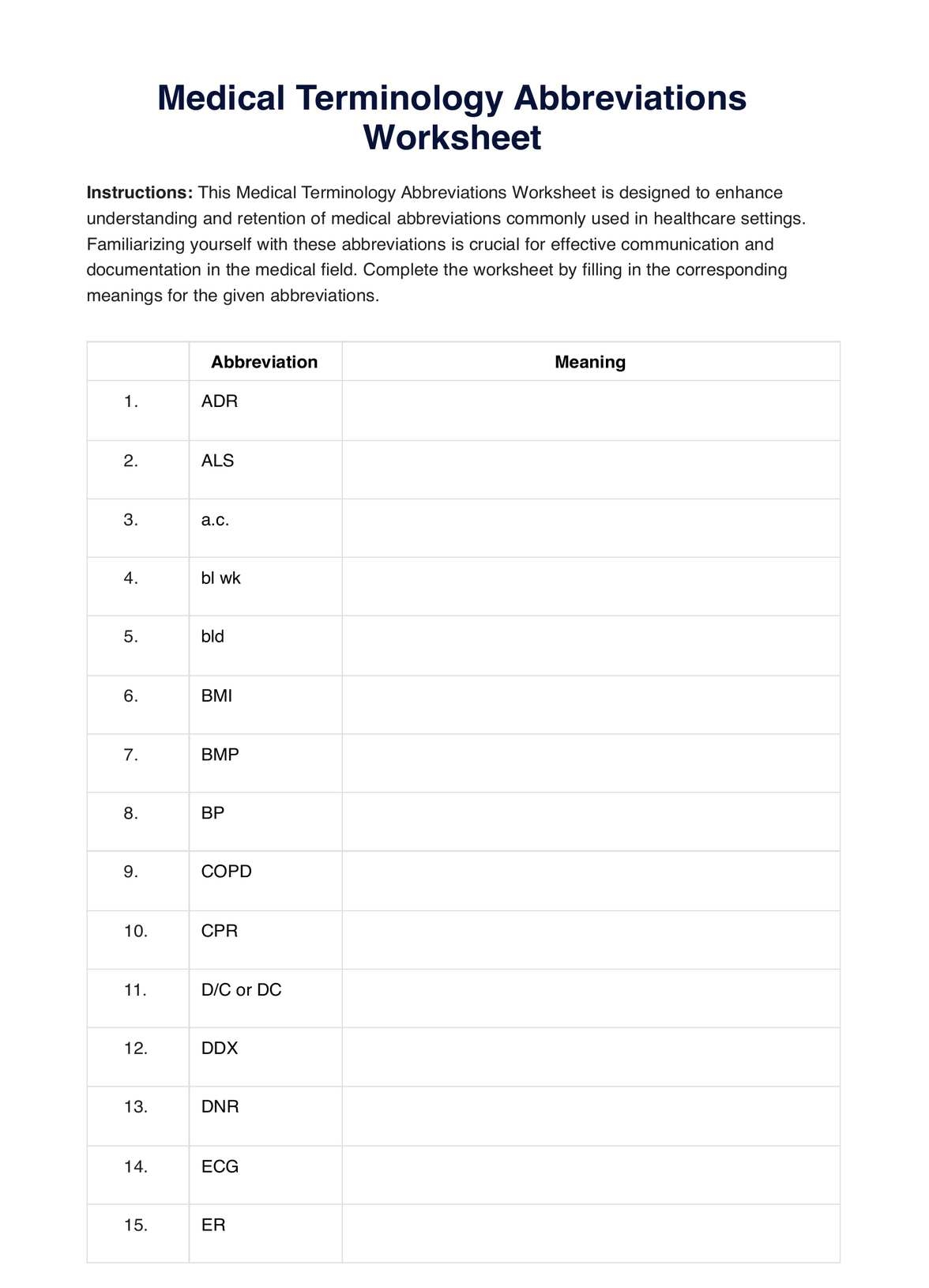 Medical Terminology Abbreviations Worksheet Medical Terminology Abbreviations Worksheet