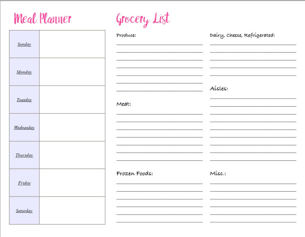 Menu Grocery Printables
