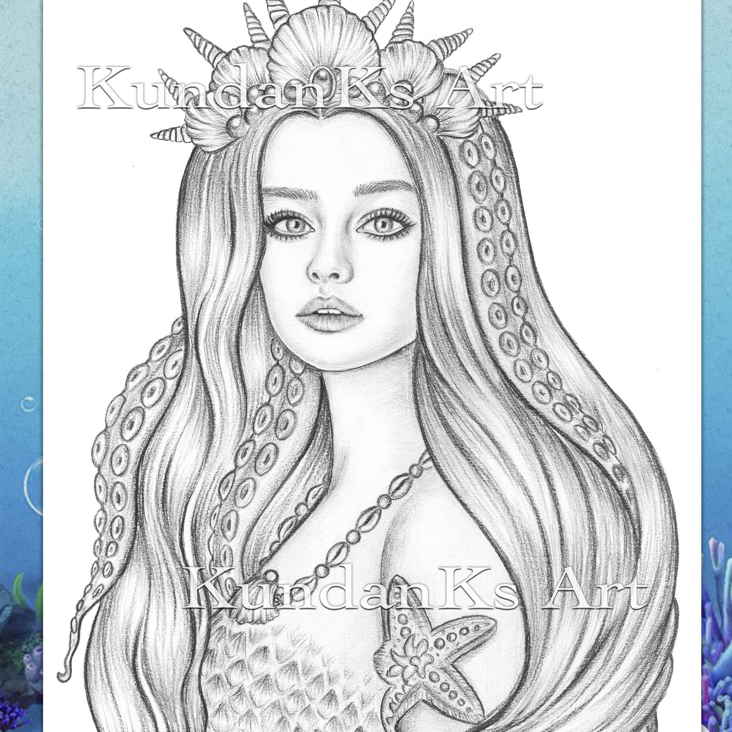 Mermay Sea Goddess Mermaid Coloring Page Adult Coloring Page Portrait Coloring Grayscale Coloring instant Download A4 A3 Printable Etsy