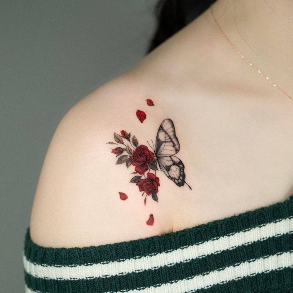 Micro realistic Half Butterfly Half Roses Tattoo On The Micro realistic Half Butterfly Half Roses Tattoo On The