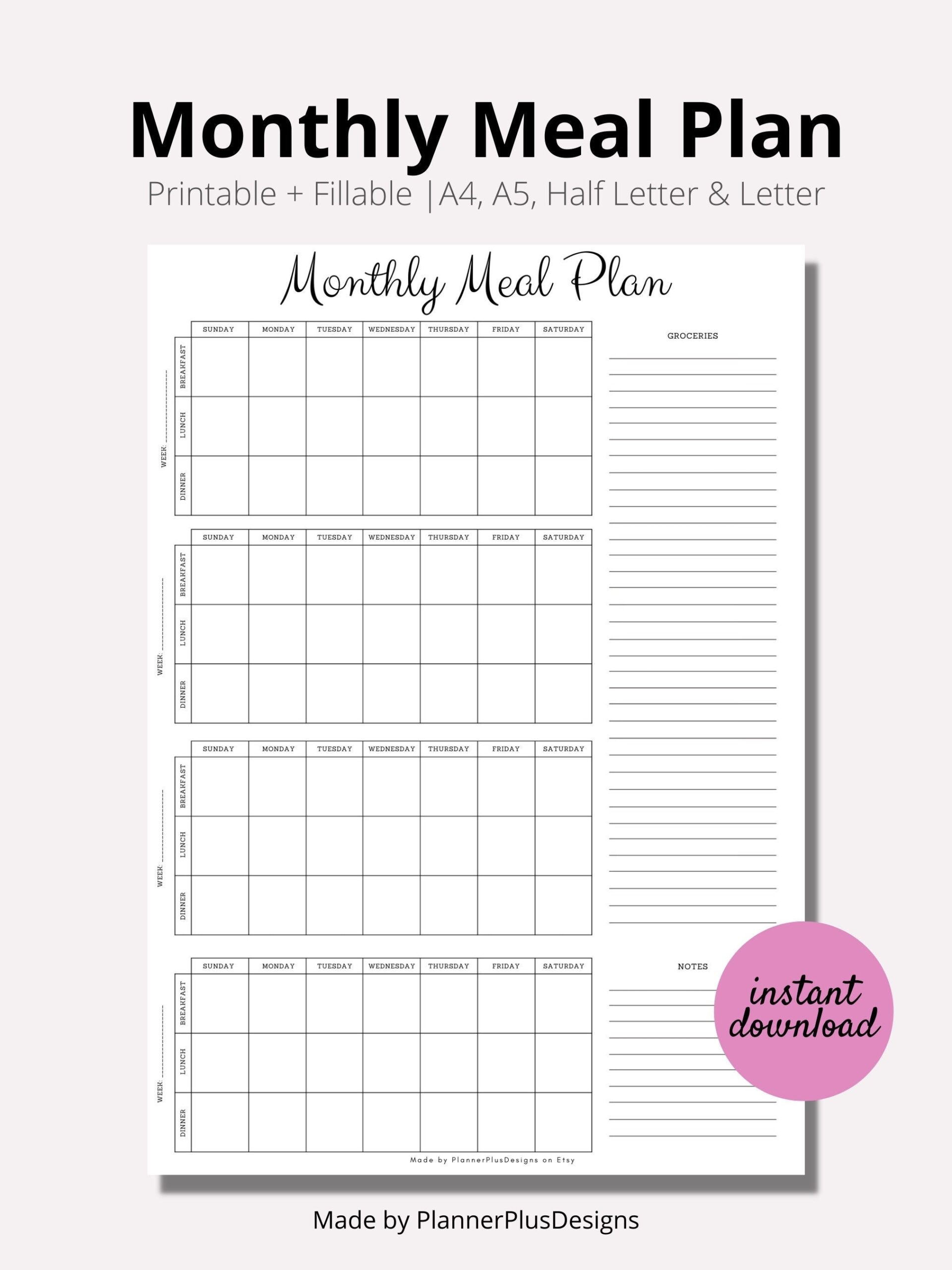 Monthly Meal Plan Printable Monthly Meal Planner Groceries To Buy Checklist Minimal Print List INSTANT Download PDF A4 A5 Half letter Etsy