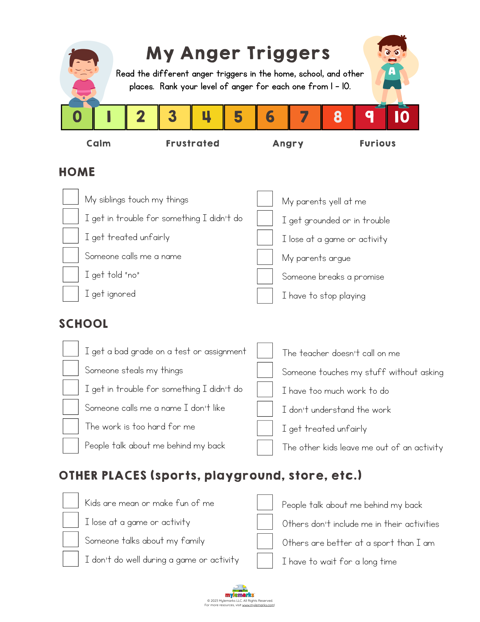 My Anger Triggers At Home School Other Places ES F 