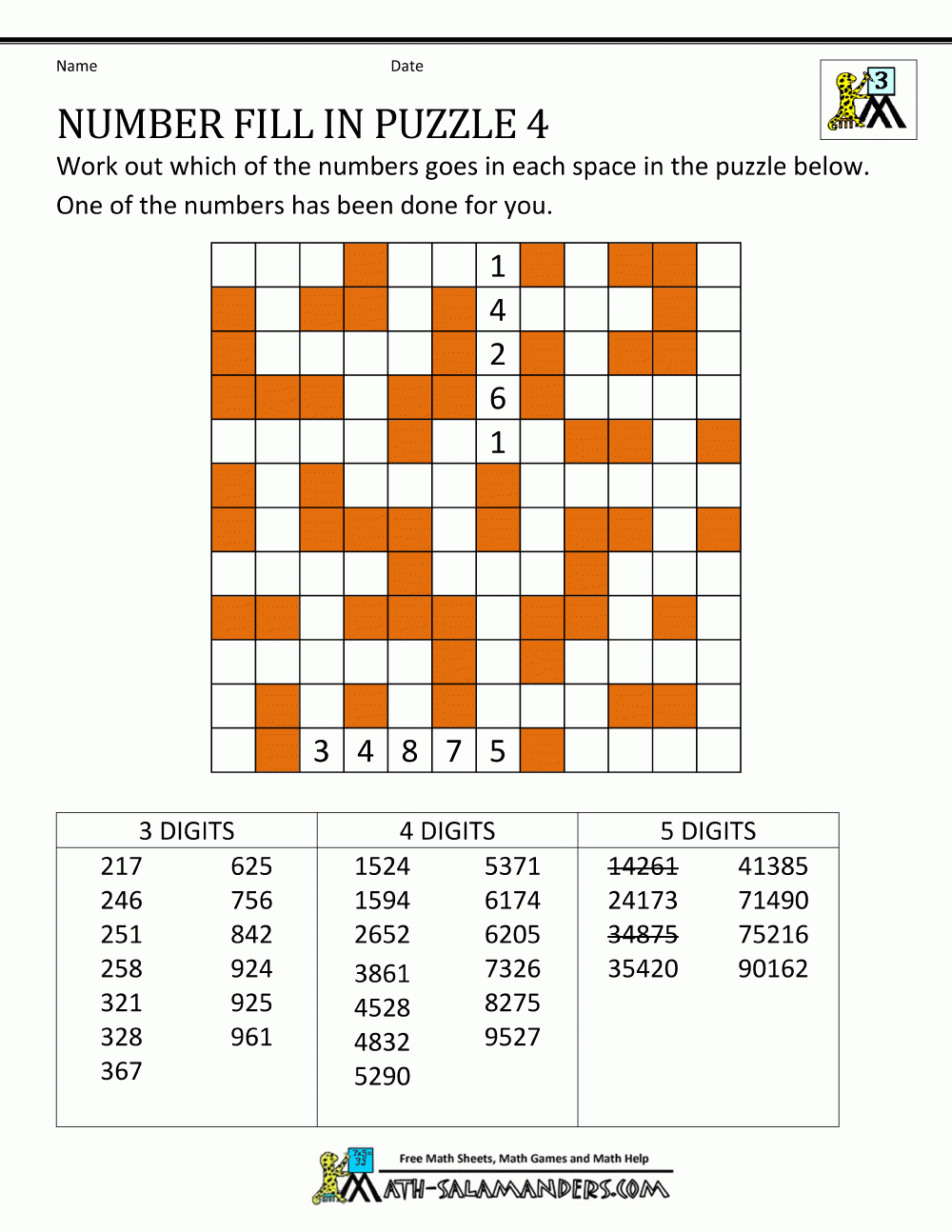 Number Fill In Puzzles Number Fill In Puzzles