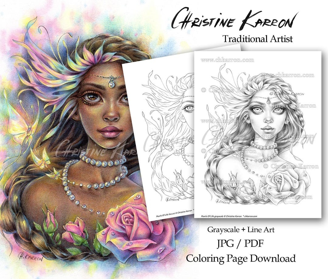 Pearls Of Life Christine Karron Coloring Page Grayscale Line art Illustration Fairy Fantasy Flower Rose Instant Download Printable JPG PDF Etsy