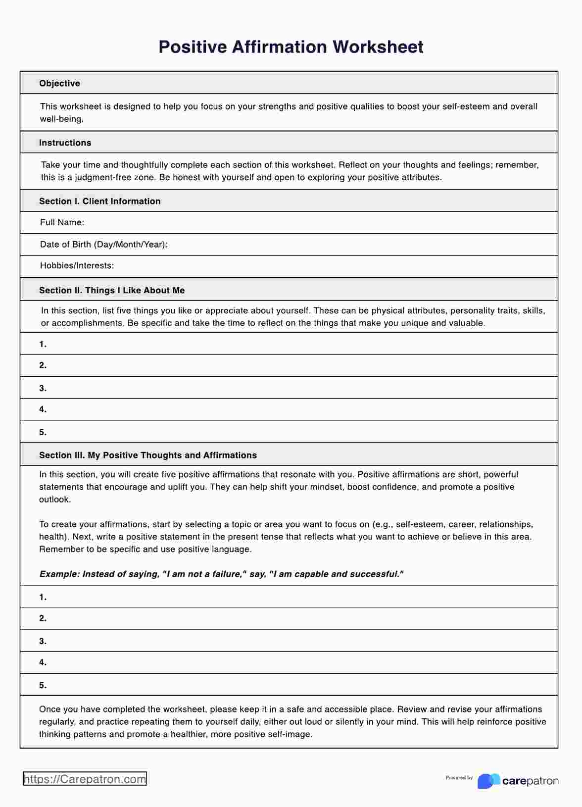 Positive Affirmations Worksheet