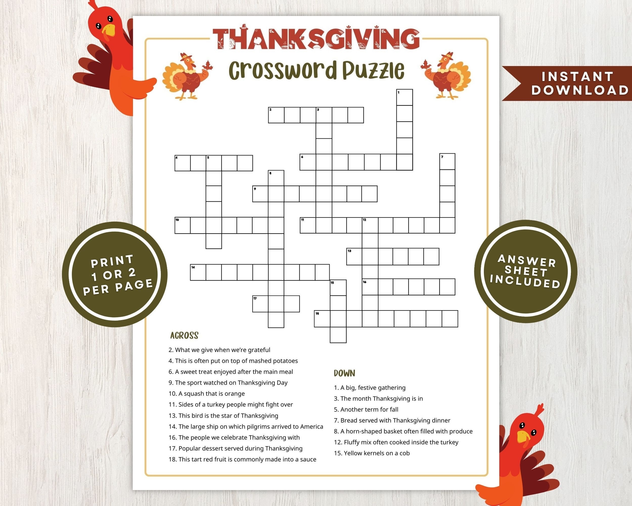 Printable Thanksgiving Crossword Puzzle For Kids And Adults Crossword Game For Thanksgiving Gatherings And Classrooms Instant Download Etsy