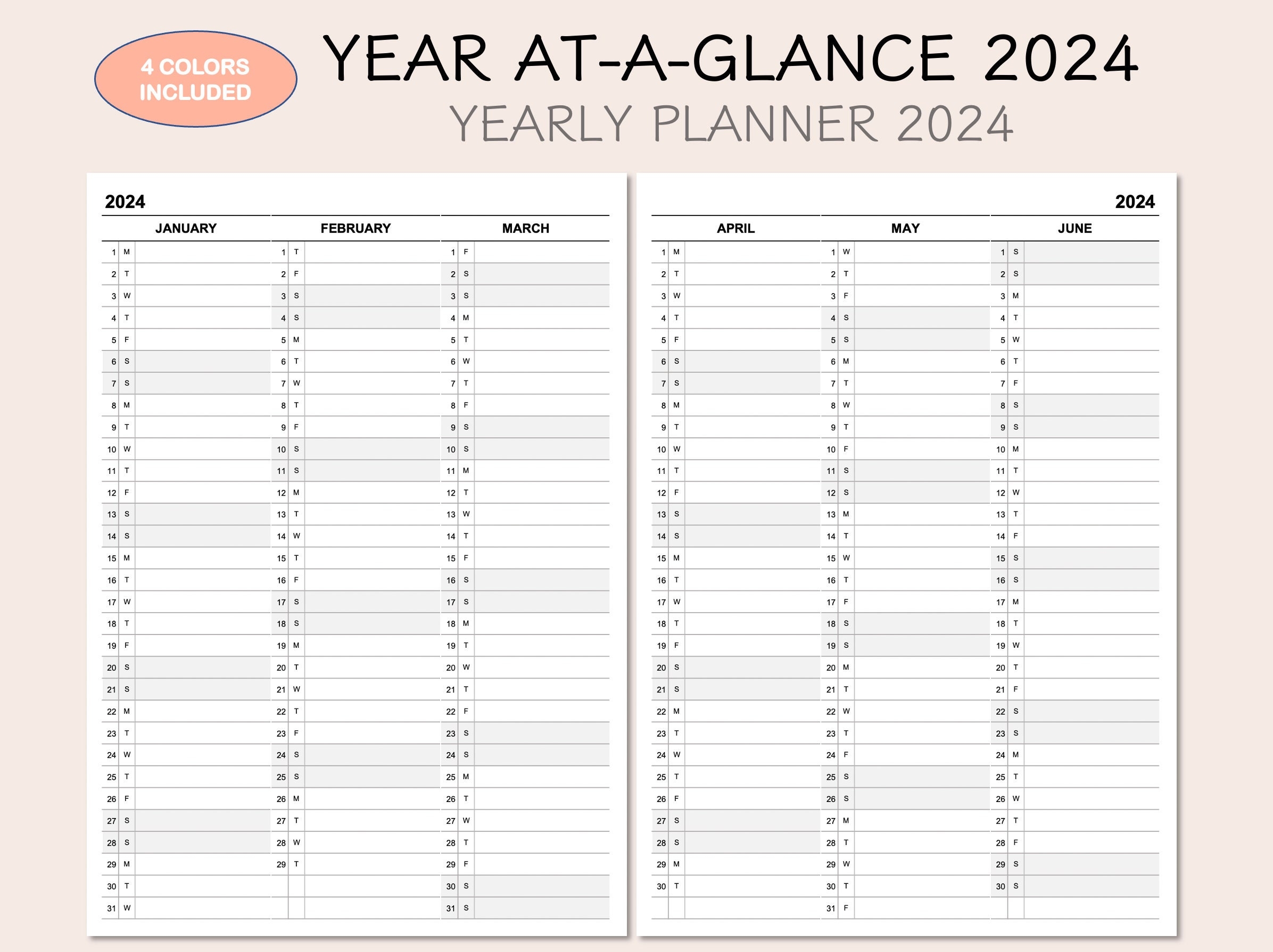 Printable Yearly Planner Calendar 2024 Yearly Overview 2024 Year At a glance 2024 4 Colors Etsy
