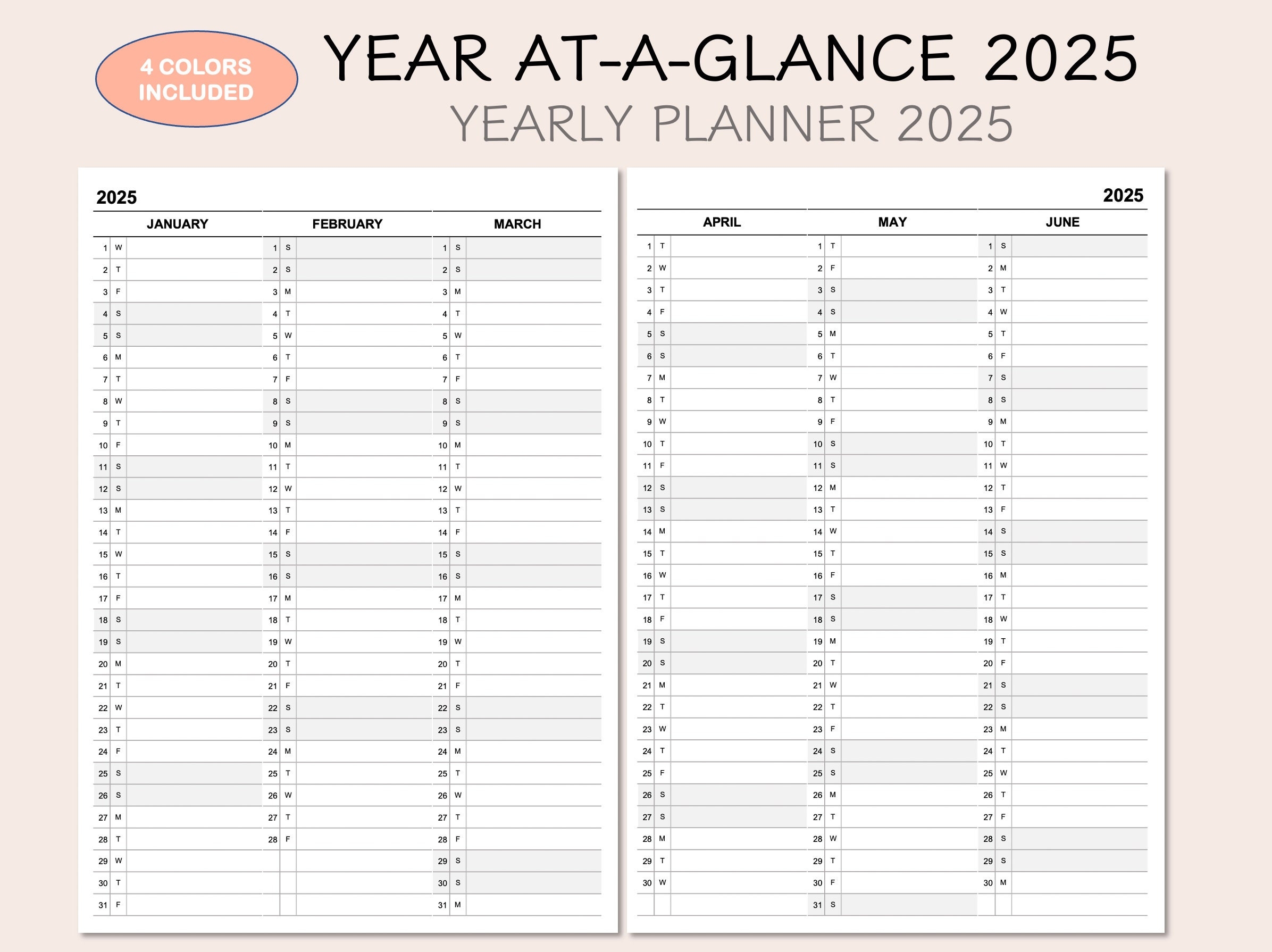 Printable Yearly Planner Calendar 2025 Yearly Overview 2025 Year At a glance 2025 4 Colors Etsy