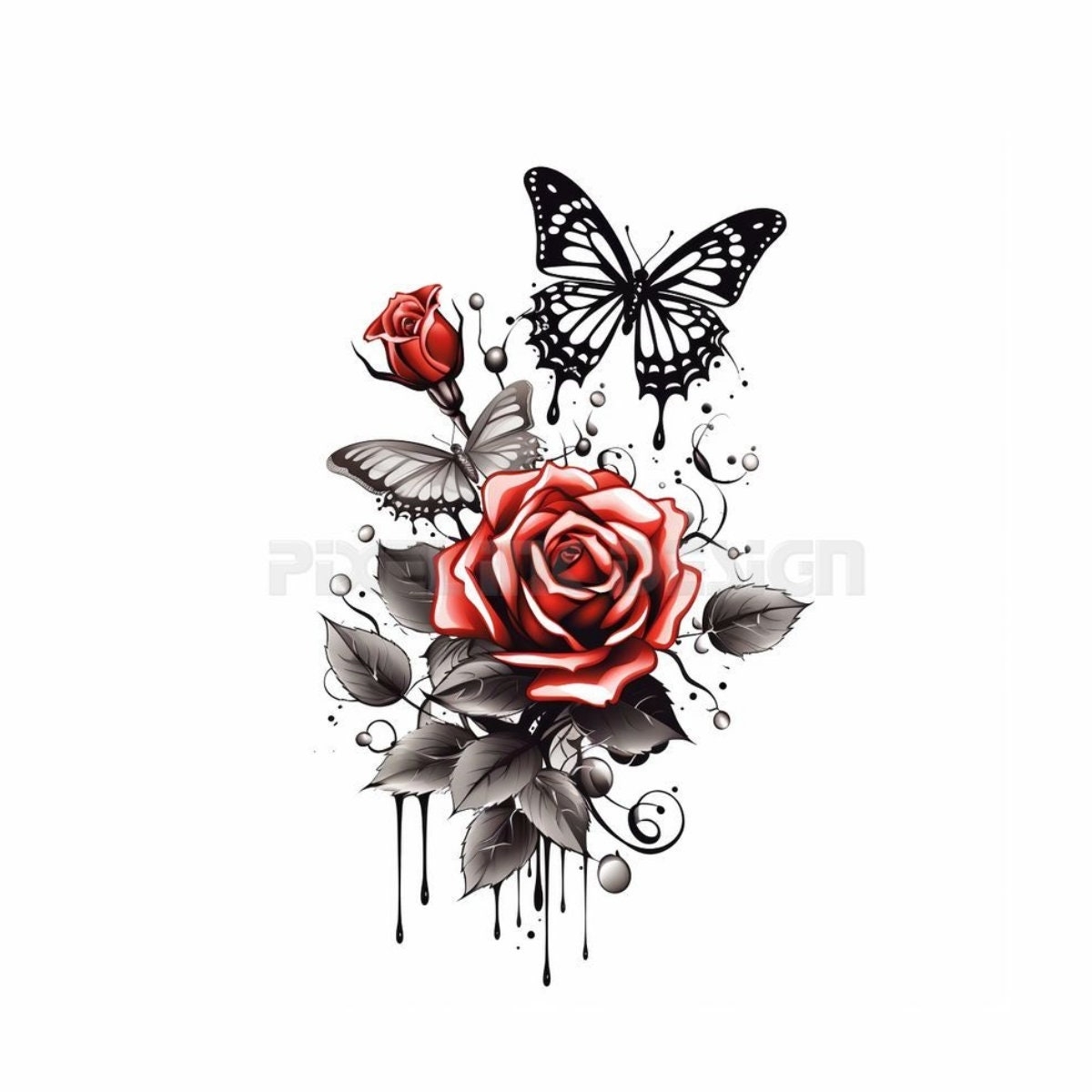 Red Roses With Butterflies Tattoo White Background High Resolution Digital PNG Art On White Background Printable SVG Tattoo Stencil Etsy Israel