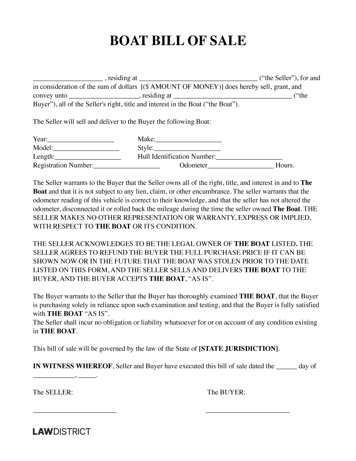Simple Boat Bill Of Sale Template Lawdistrict