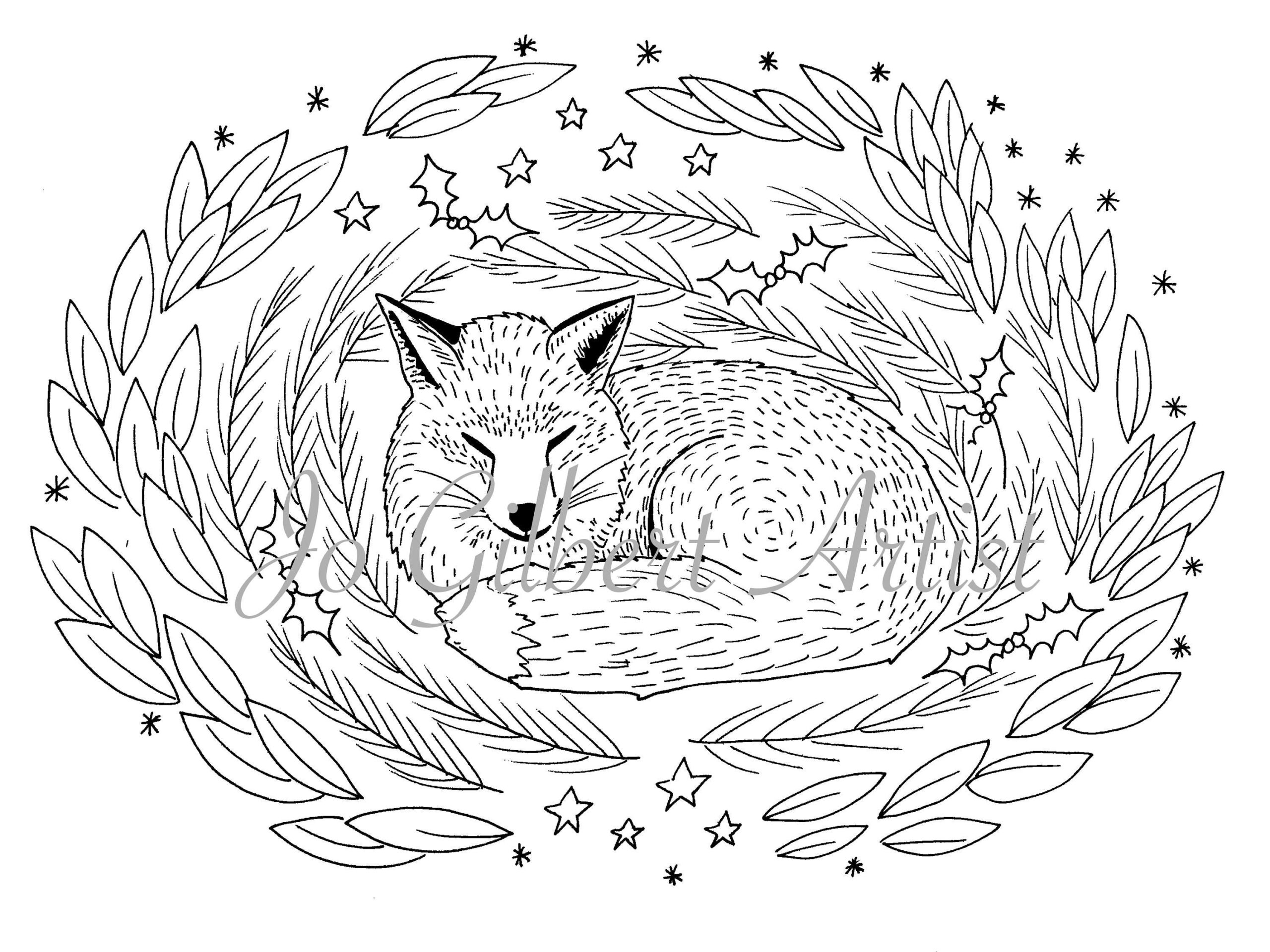 Sleepy Christmas Fox Coloring Page Instant Download Etsy